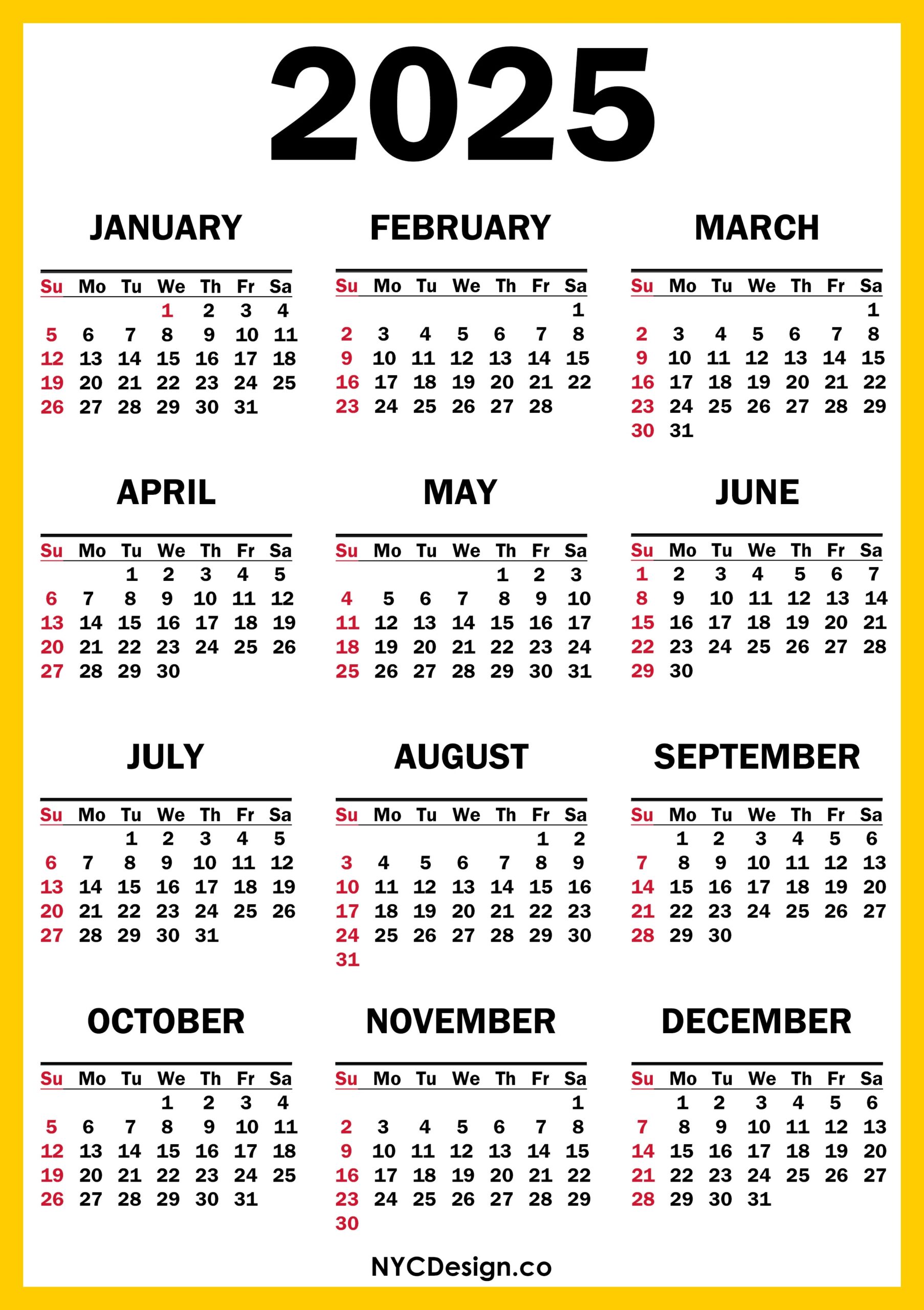 2025 Calendar Printable Free Orange Yellow Sunday Start 