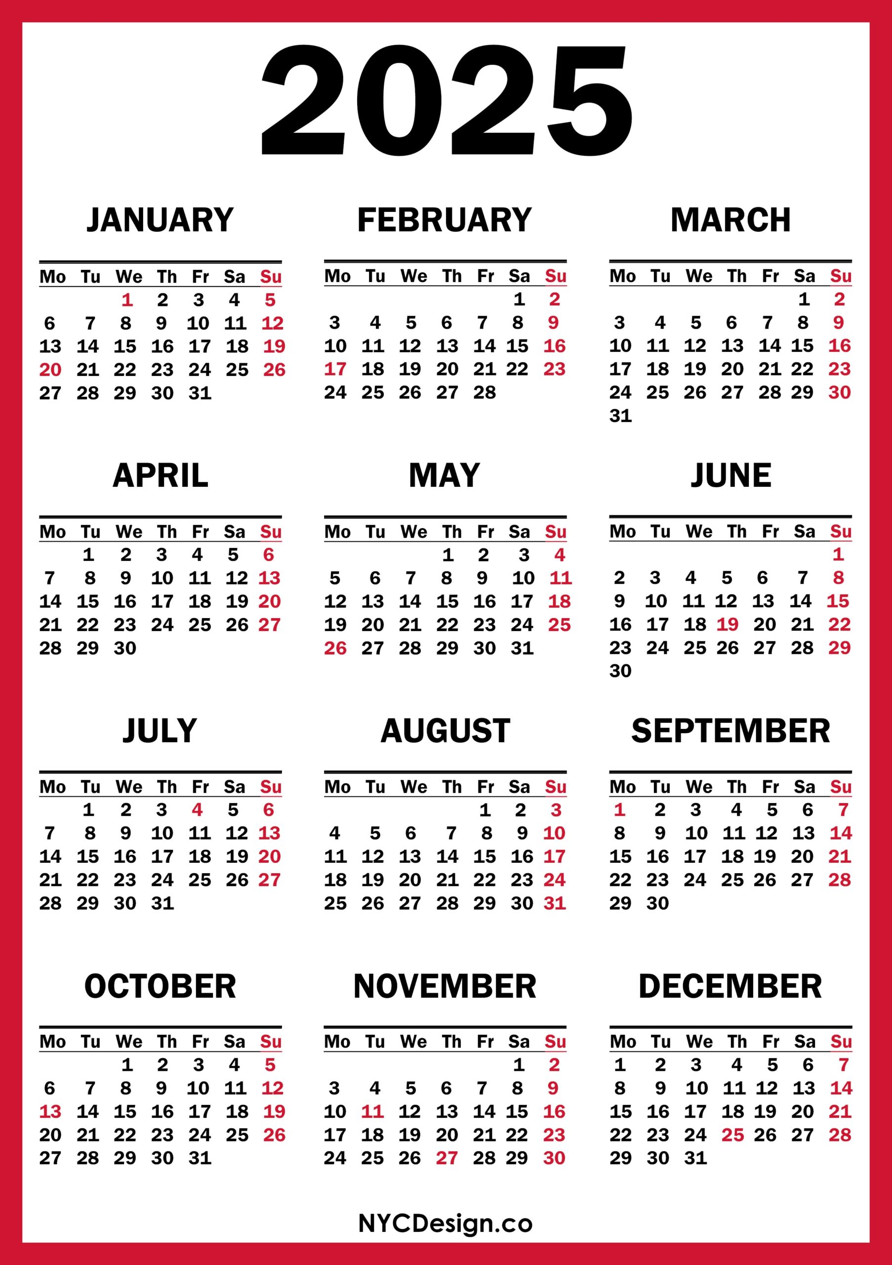 2025 Calendar With US Holidays Printable Free Red Monday Start 