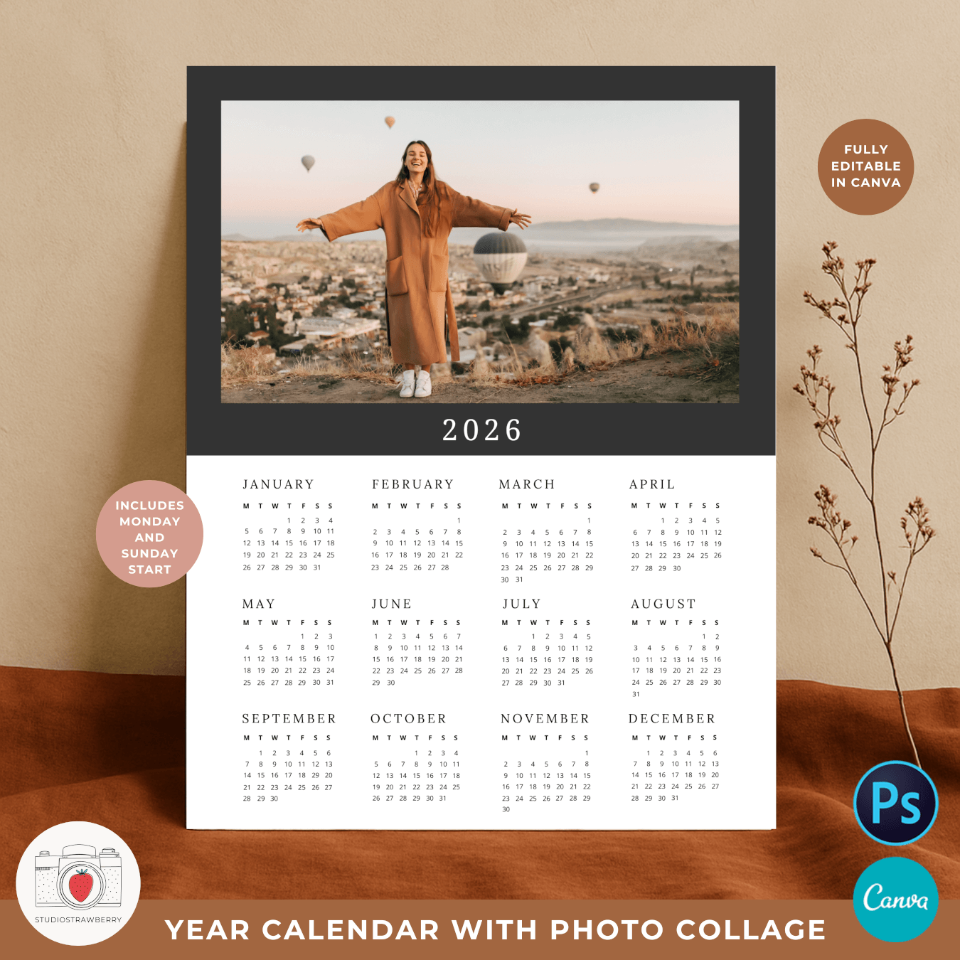 2026 Photo Calendar Template For Canva amp Photoshop Strawberry Kit