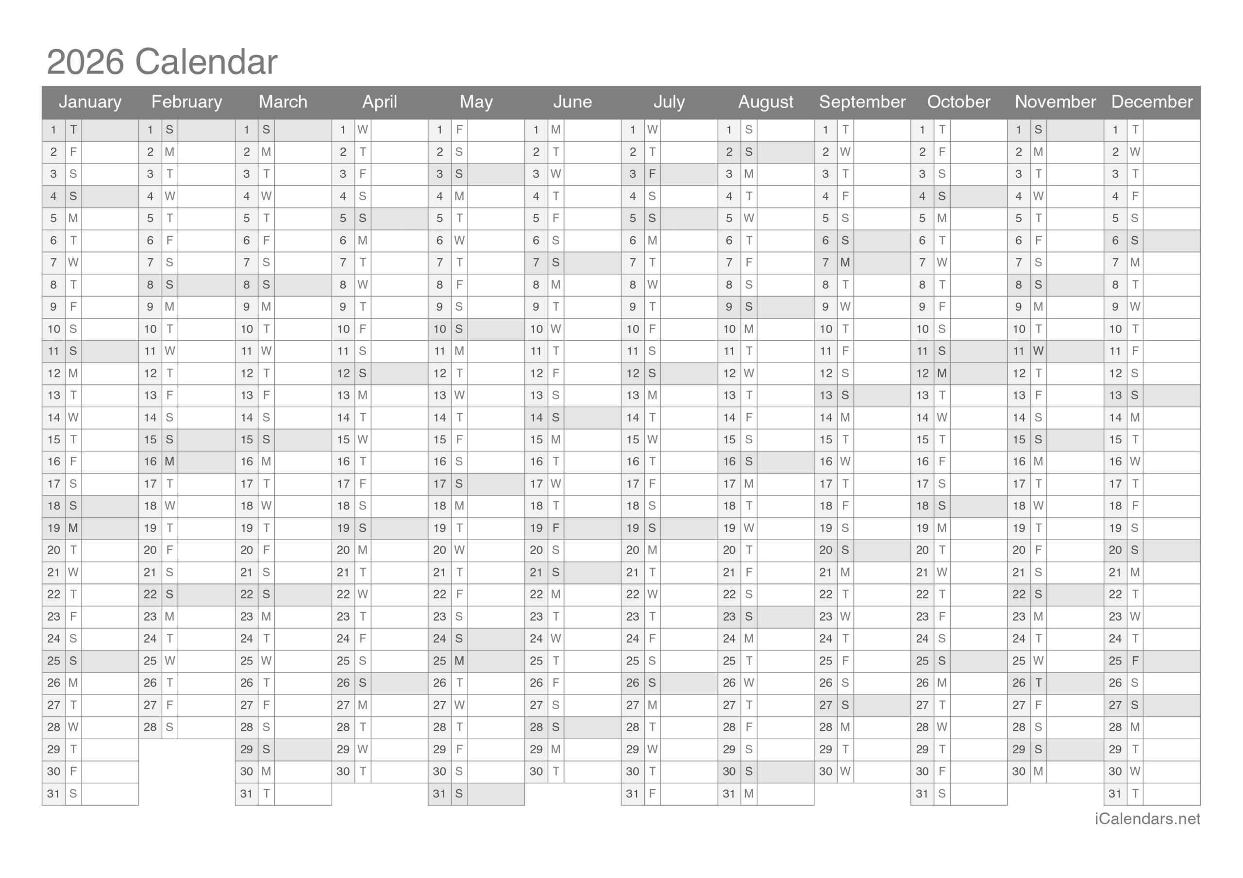 Yearly Calendar 2026 Printable Free