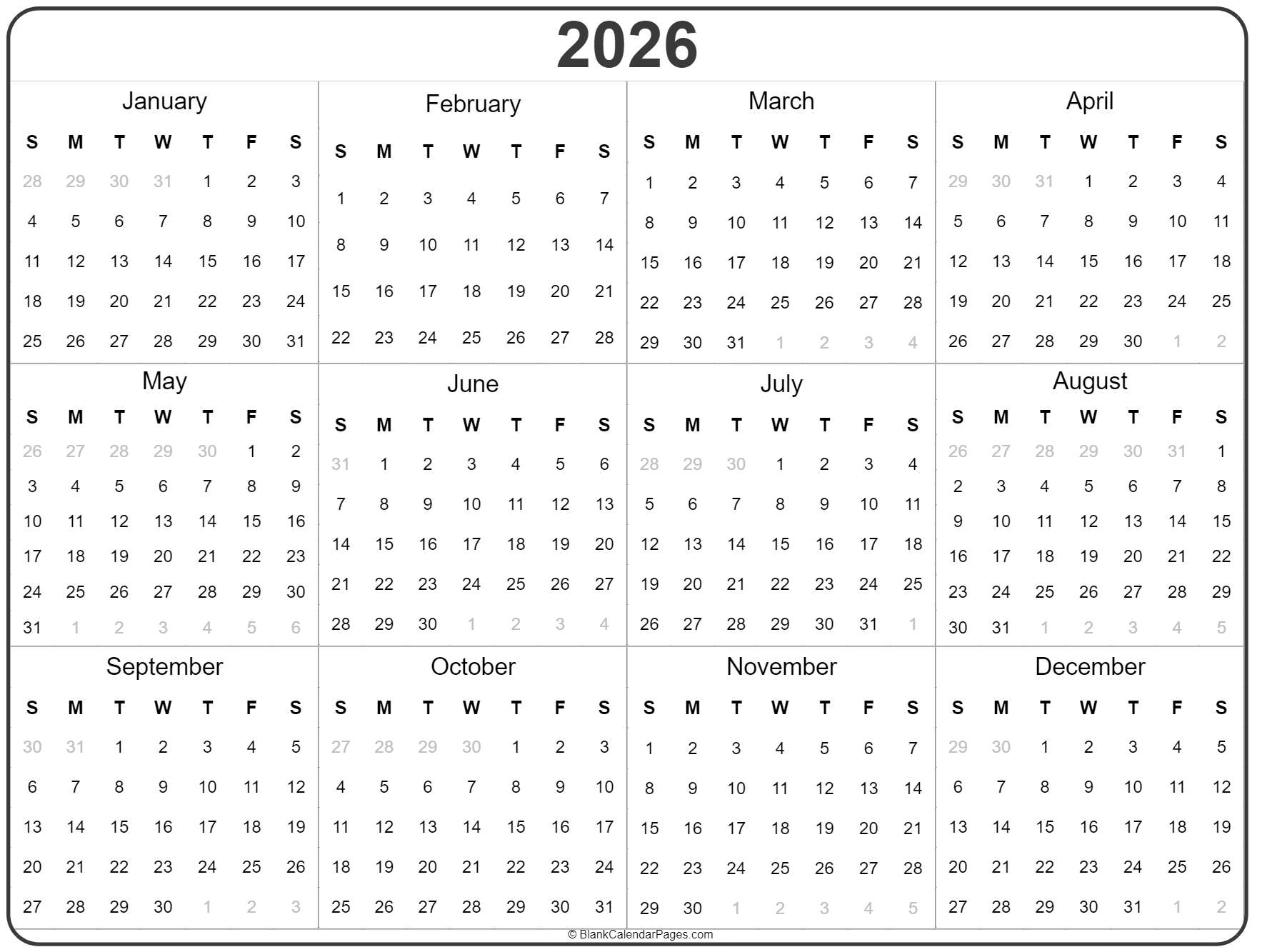 Printable Calendar For The Year 2026