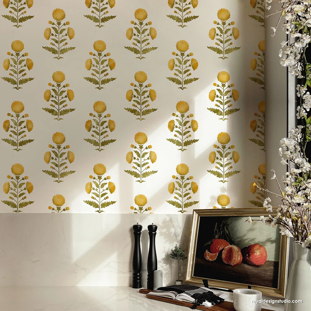 Amazing Floral Block Print Pattern Wall Stencil Custom DIY Walls Decor