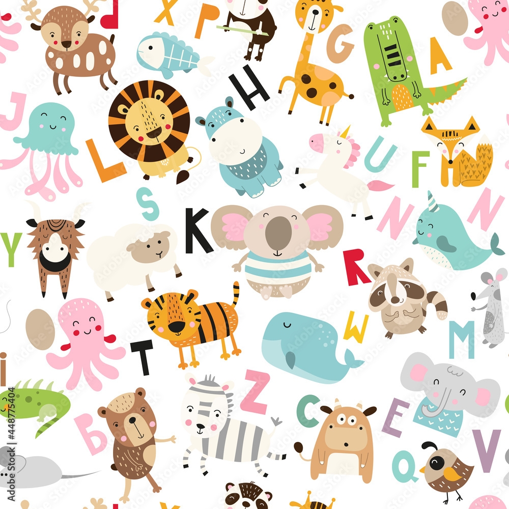 Animal Alphabet Seamless Pattern Kids Print Wallpaper Design For 