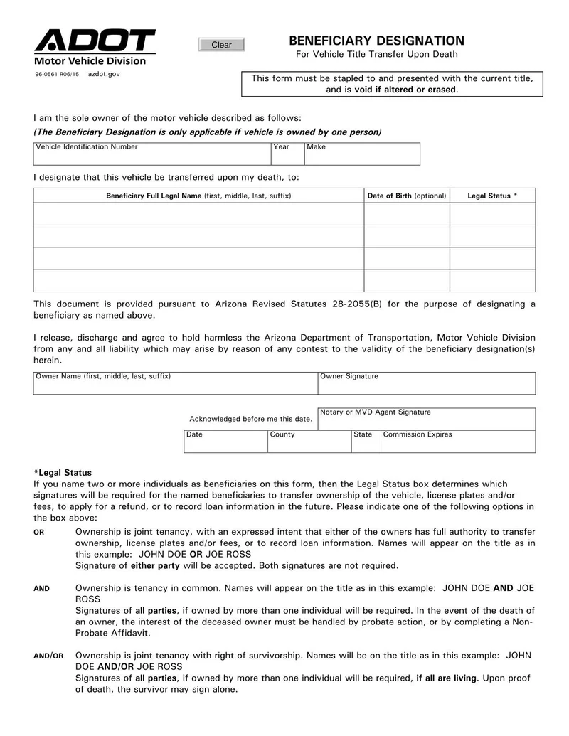 arizona beneficiary designation for vehicle title transfer upon