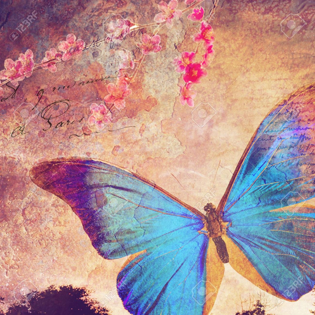 Blauer Schmetterling Hintergrund Alte Papier Design Postkarte 