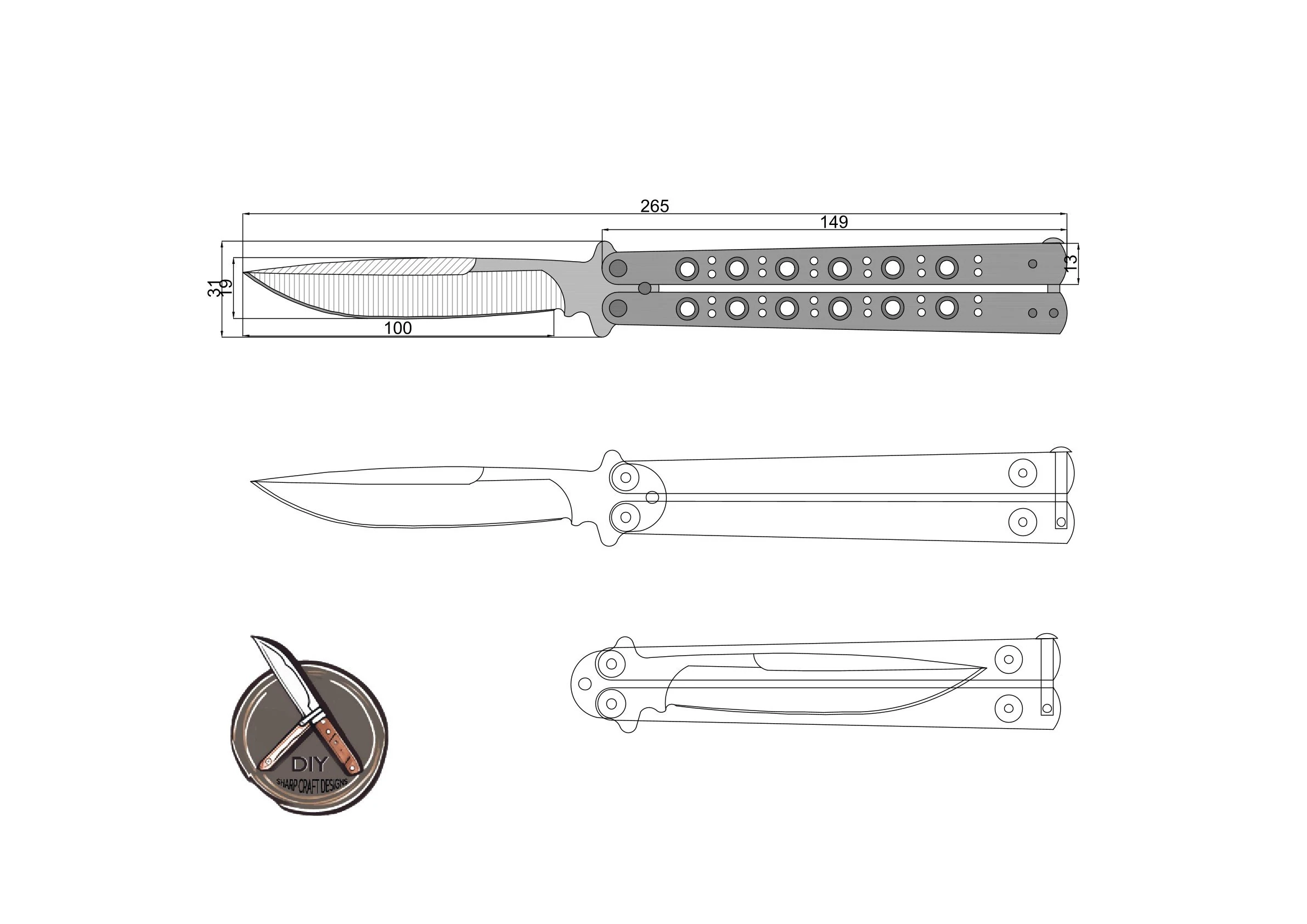 Butterfly Knife Design Template High quality Pdf Dwg Dxf Plans 