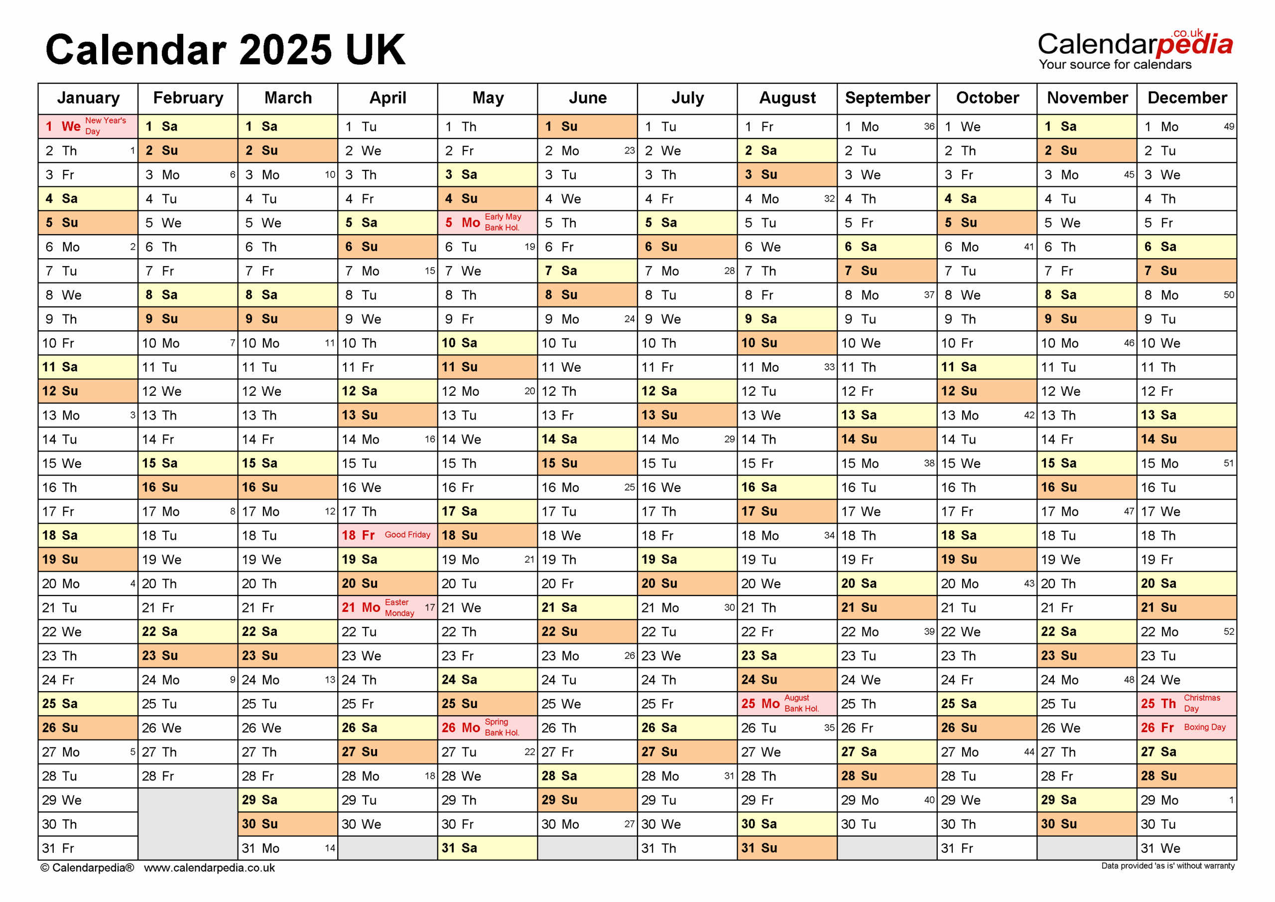 Calendar 2025 UK Free Printable PDF Templates
