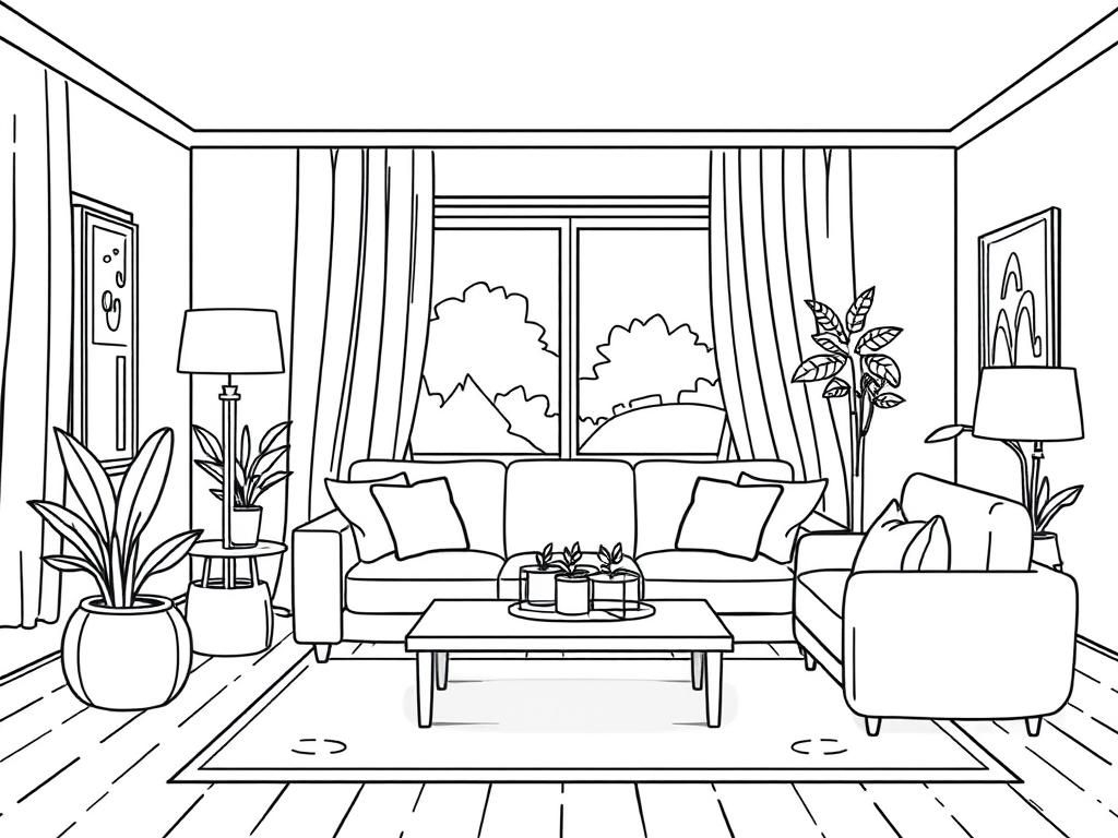 Cozy Home Interior Coloring Page Relaxing Living Room Scene 