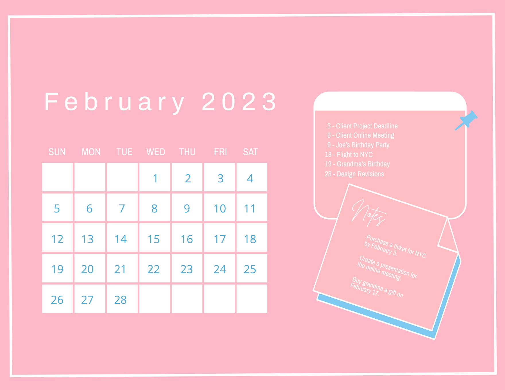 Cute February 2023 Calendar Template In PSD Illustrator Word 