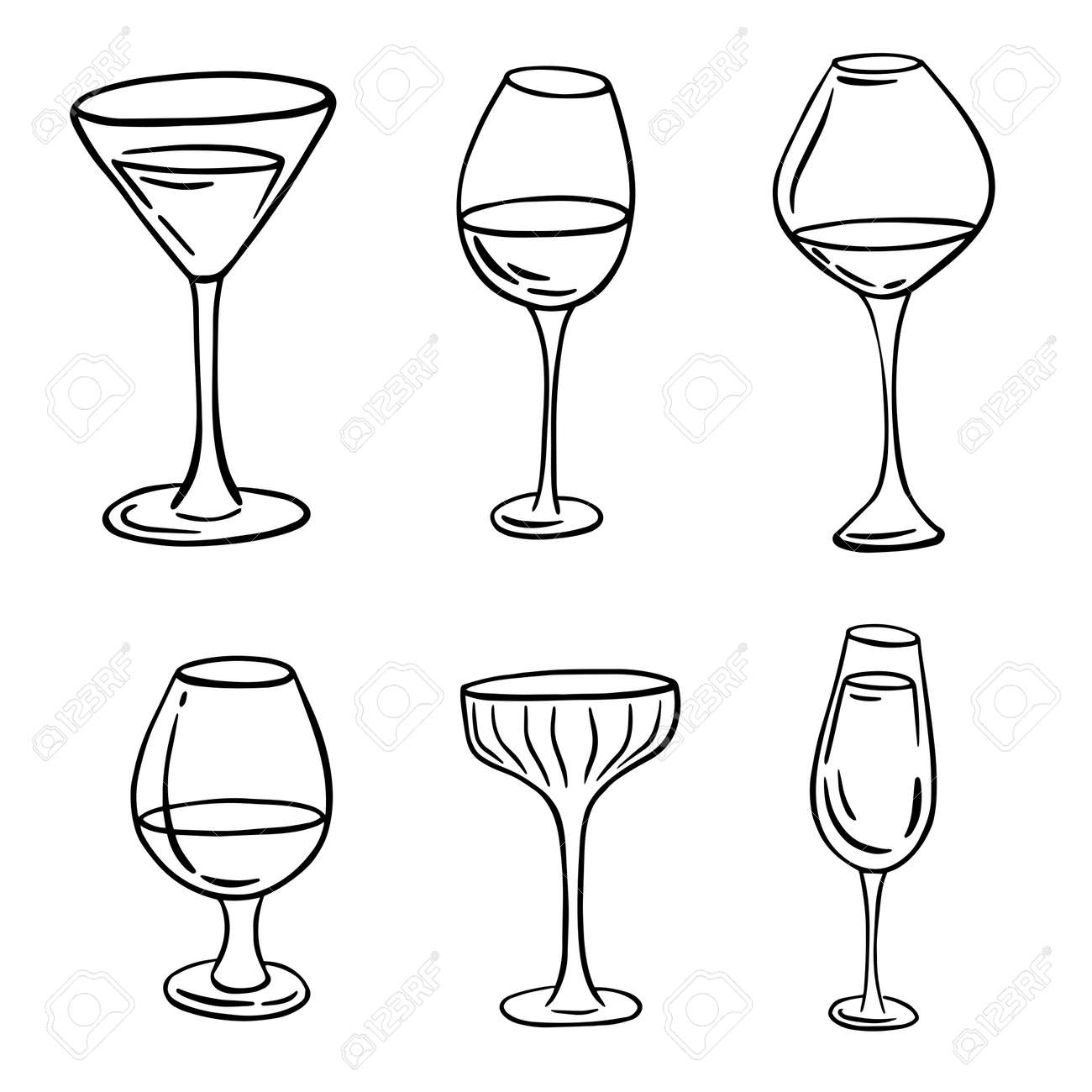 Different Glasses Hand Draw Line Art Wine Champagne Cognac And 