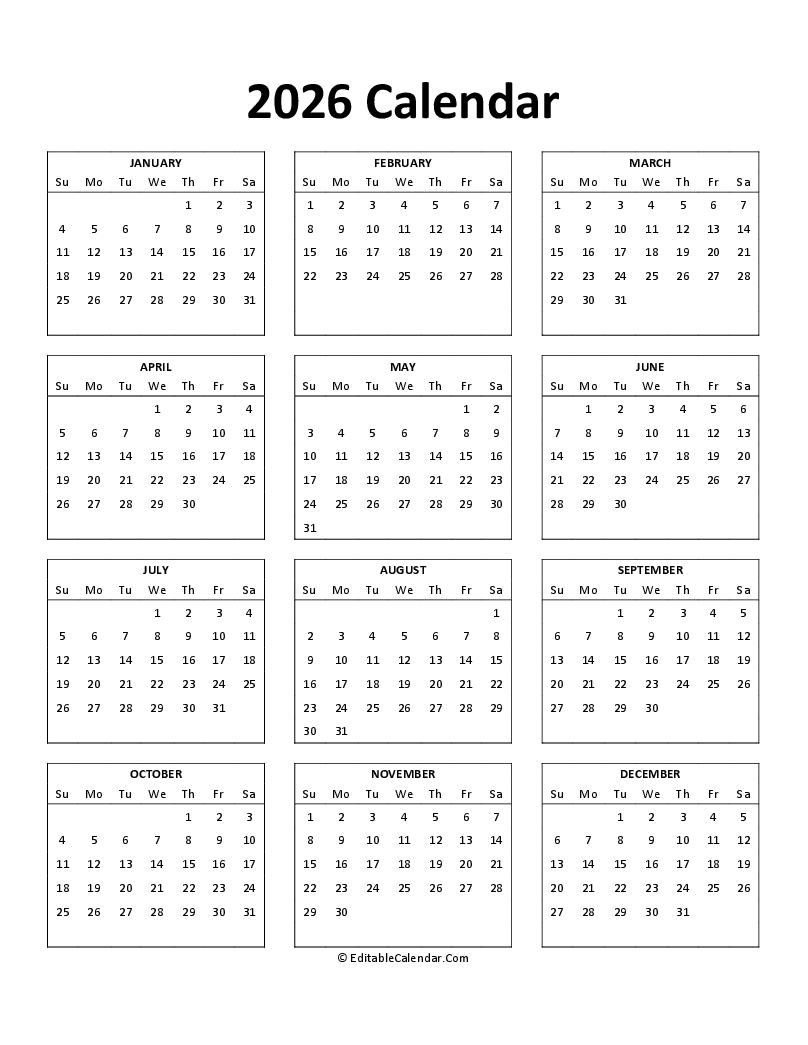 Download Free Printable 2026 Calendar PDF Version 