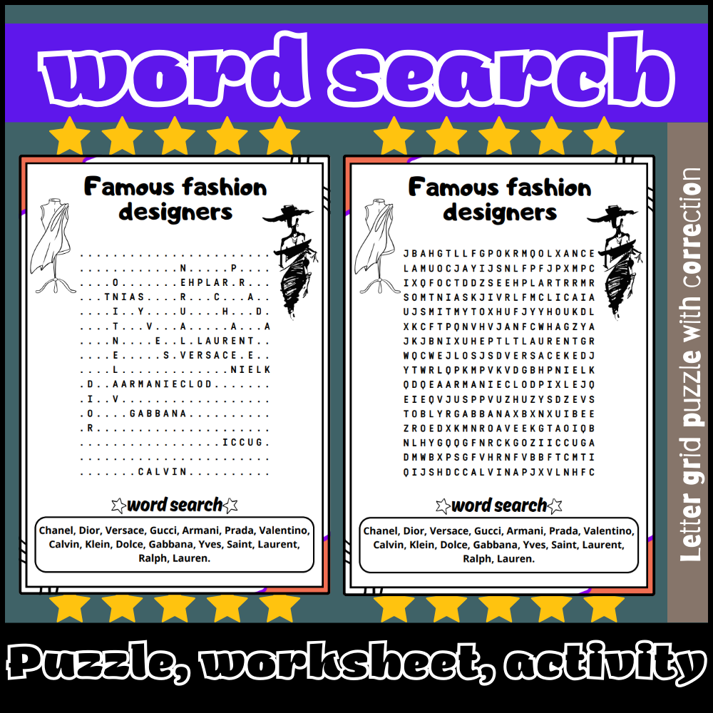 Famous Fashion Designers Word Search Puzzle Worksheet Activity 