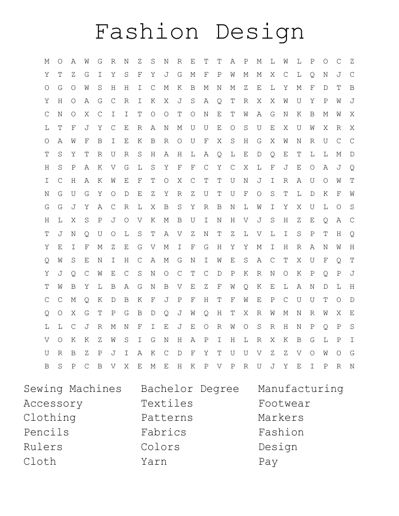 Fashion Design Word Search WordMint