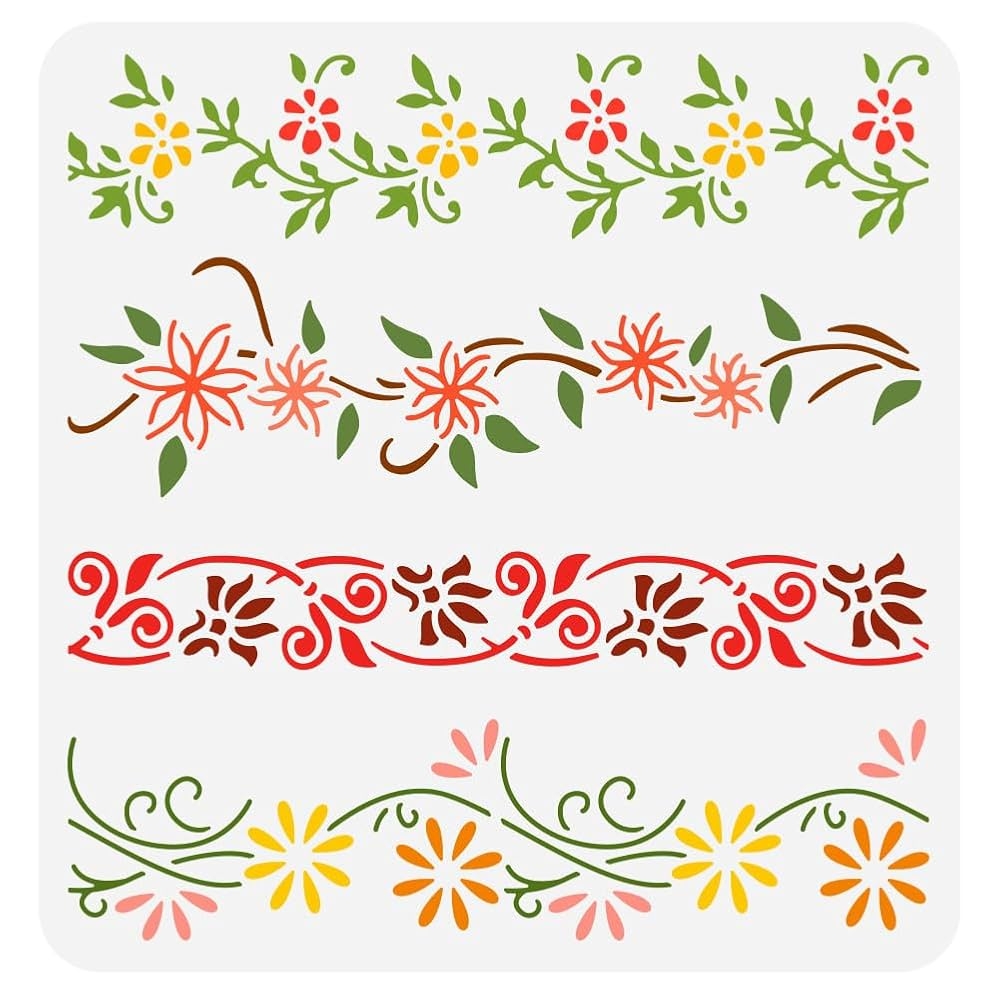 FINGERINSPIRE Flower Border Painting Stencil 30x30cm Reusable 4 Styles Vine Flower Border Drawing Template Plant Border Pattern Decoration Stencil For 
