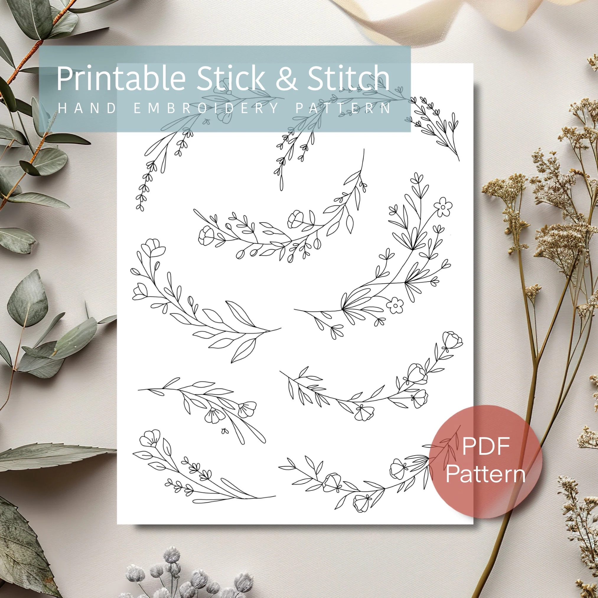 Floral Border Hand Embroidery Design Printable Digital Download 