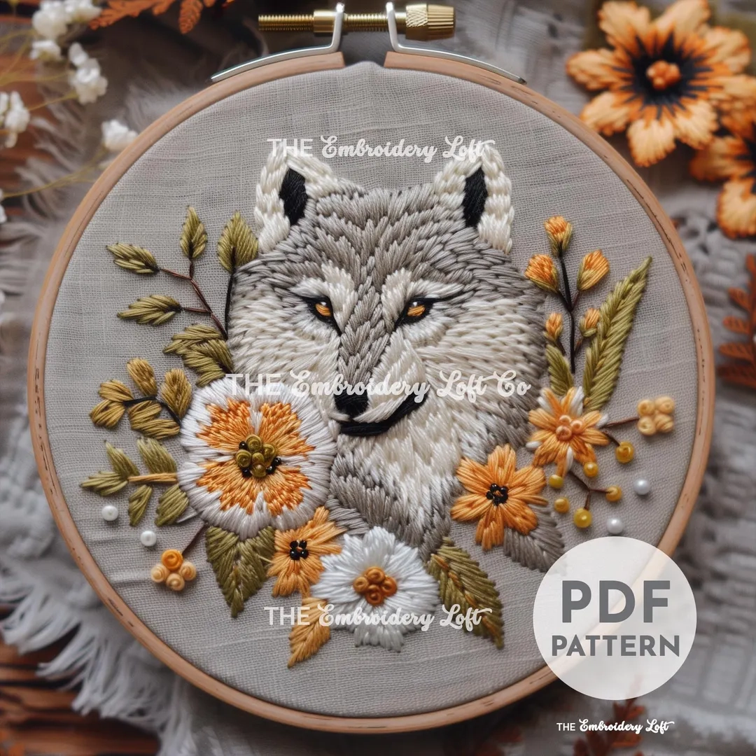 Floral Wolf Hand Embroidery Pattern Gift For Wolf Lovers 