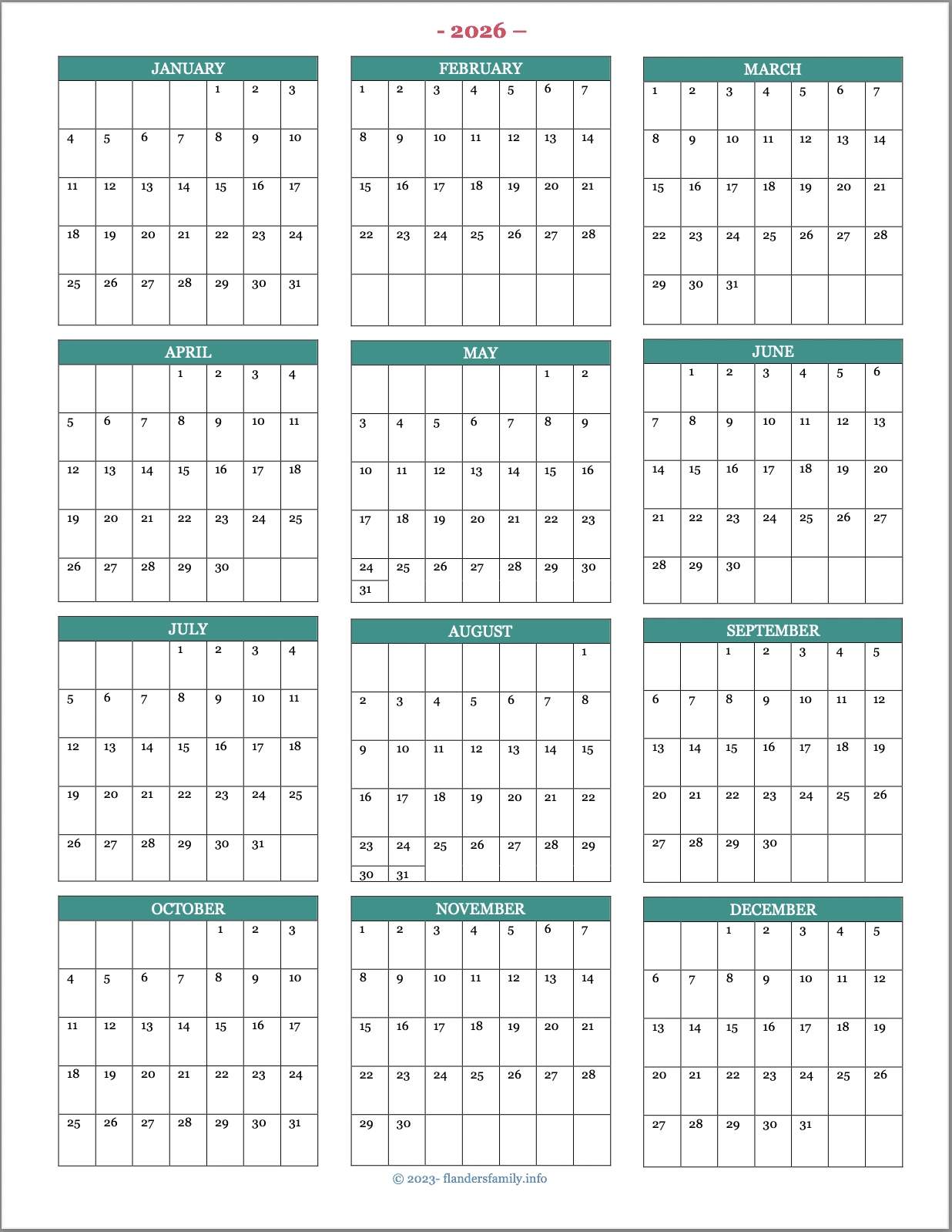 Monthly Printable Calendar 2026