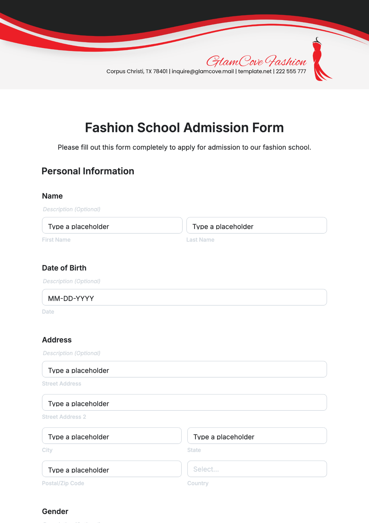 Free Fashion School Admission Form Template To Edit Online
