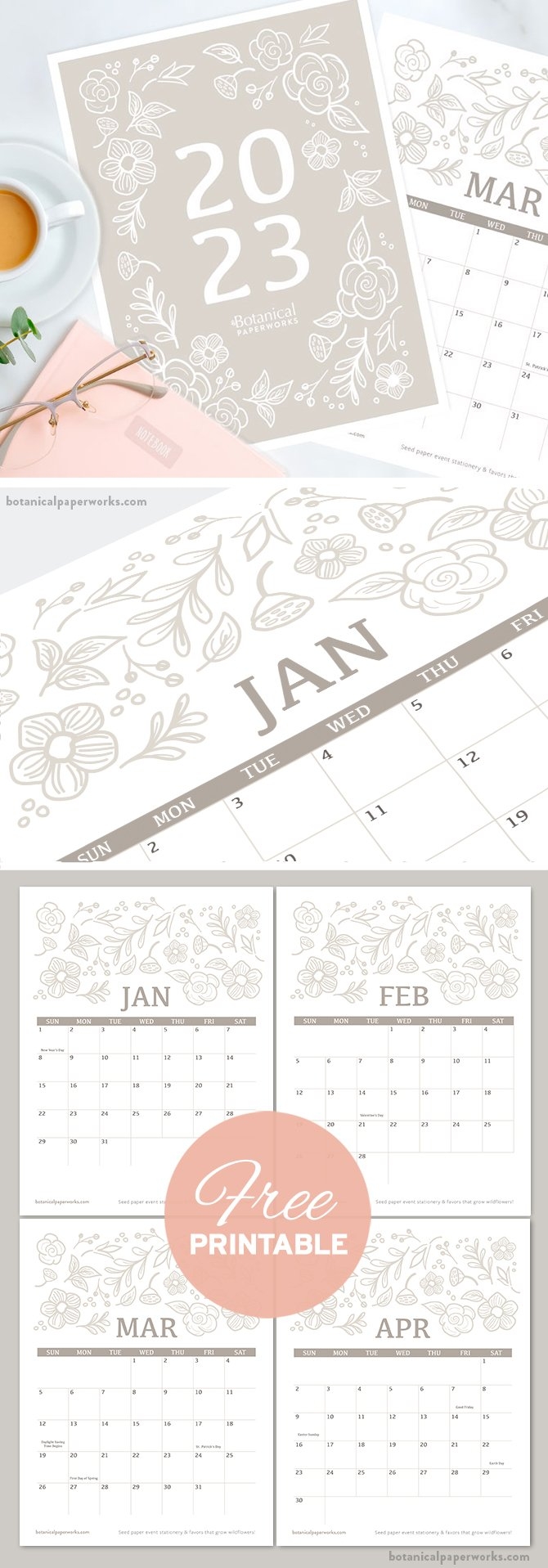 Free Printable 2023 Calendars Botanical PaperWorks