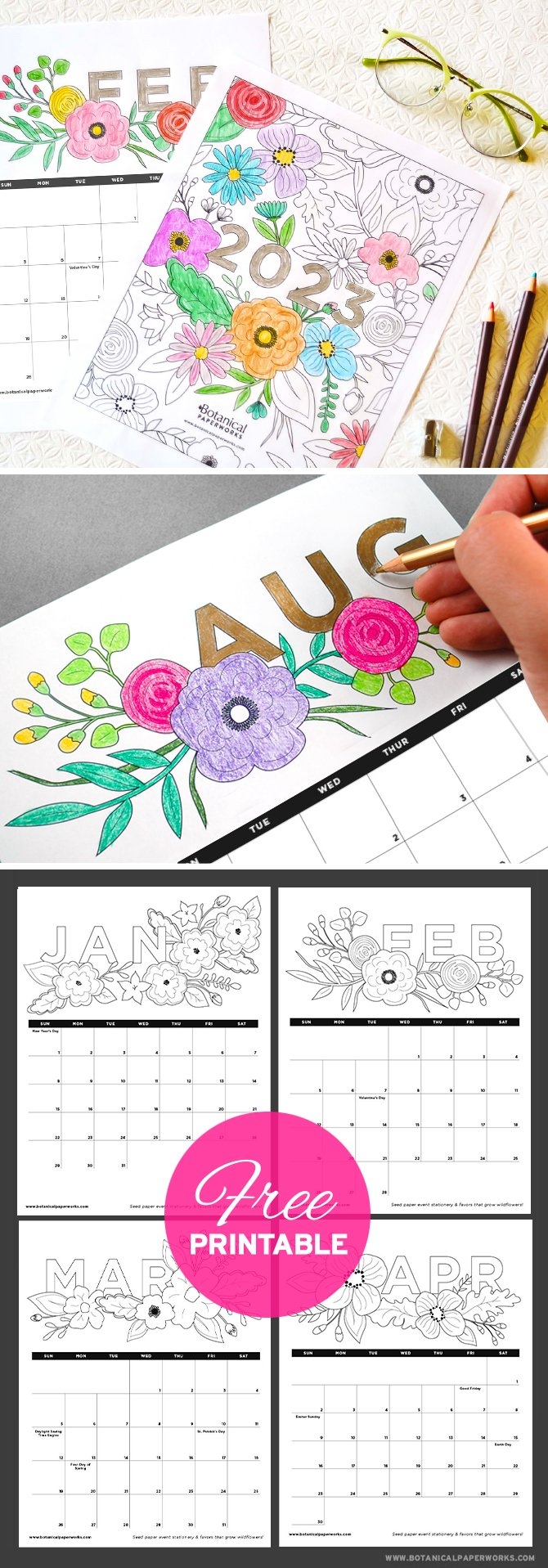 Free Printable 2023 Calendars Botanical PaperWorks