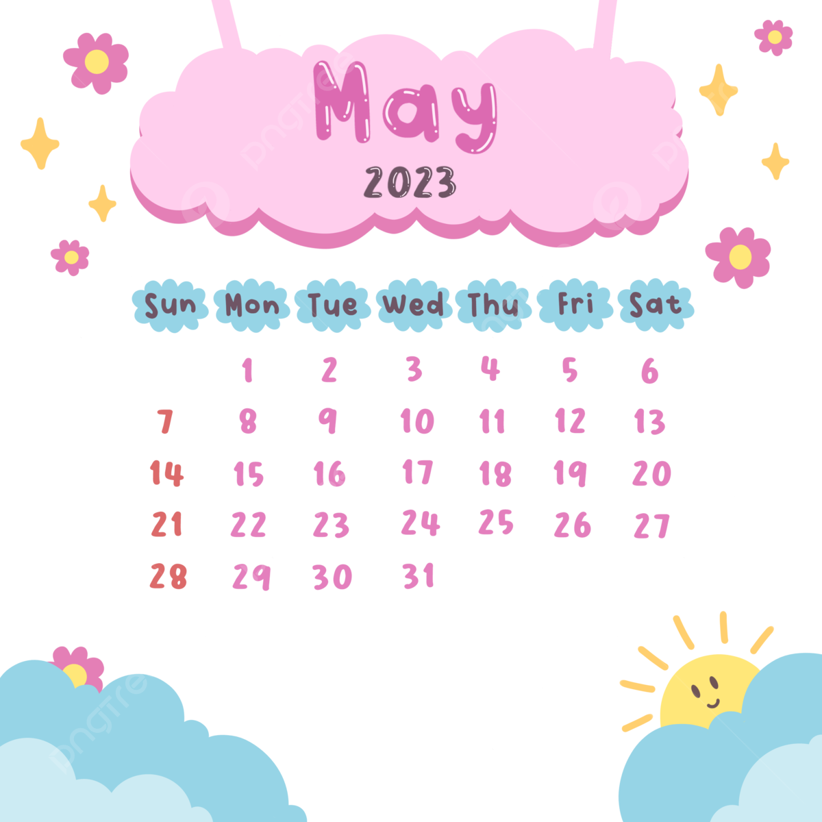 May 2023 Monthly Calendar Cute Design Aesthetic Transparent 