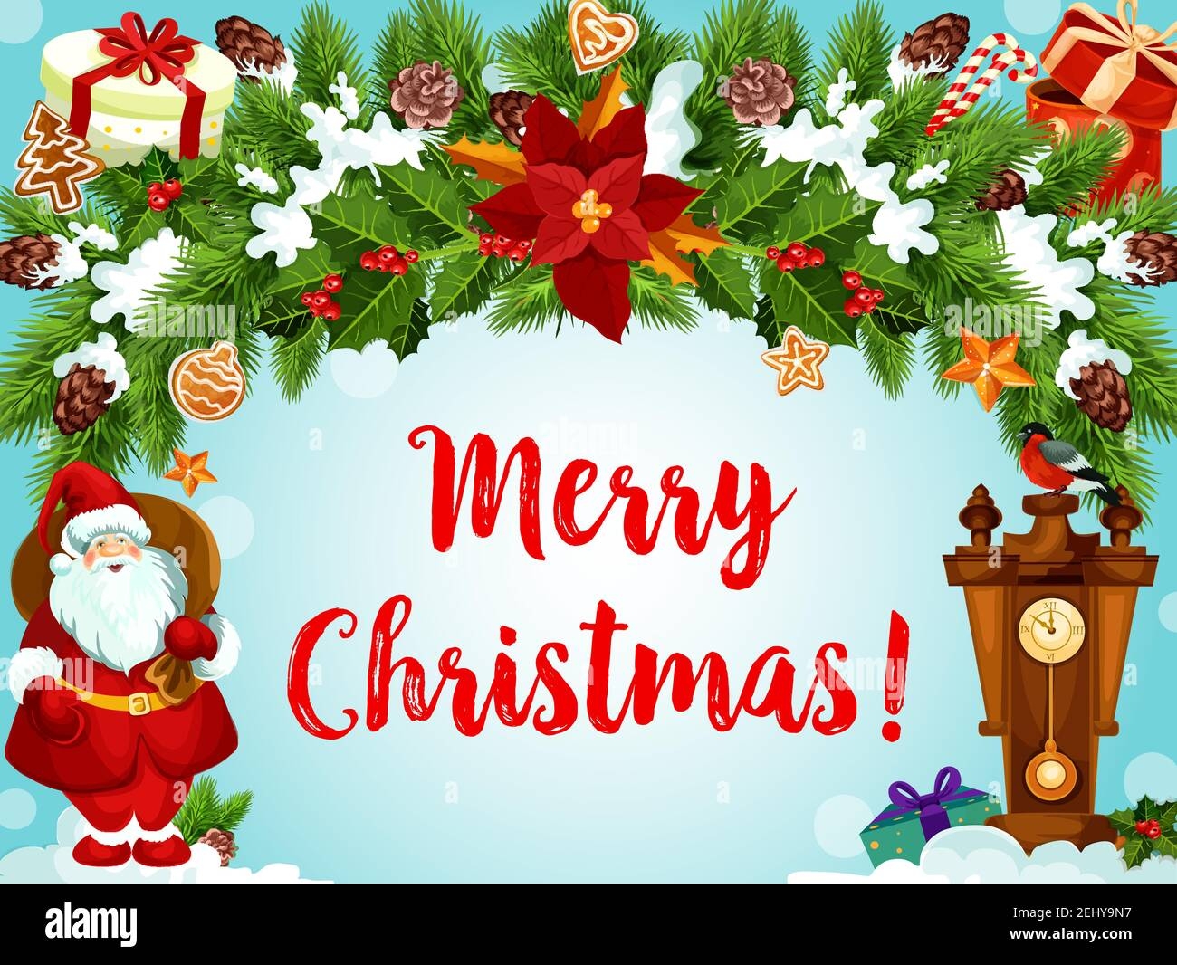 Merry Christmas Santa Greeting Card Design Template Of Gifts On 