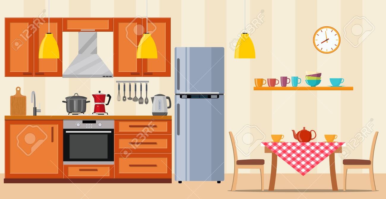 Modern Kitchen Interior With Furniture And Cooking Devices 