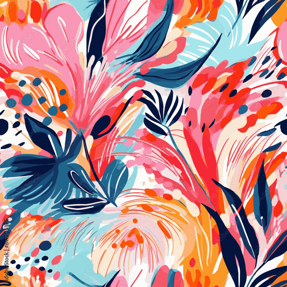 Modern Tropical Floral Pattern Abstract Design Featuring Bold 