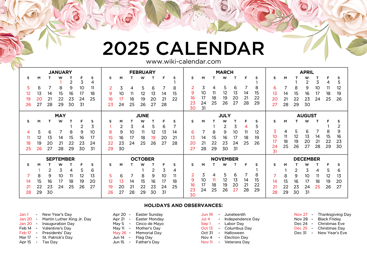 2025 Calendars Floral Design Free Printable