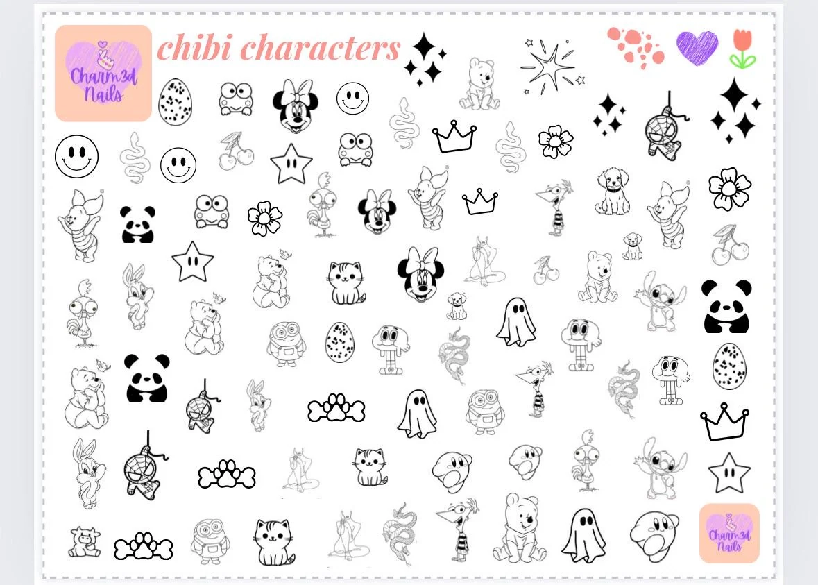 Nail Art Practice Sheet Chibi Characters Stencil printable PDF 