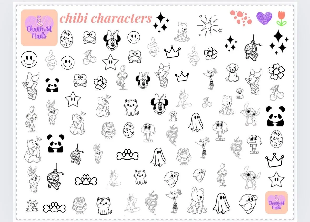 Nail Art Practice Sheet Chibi Characters Stencil printable PDF 