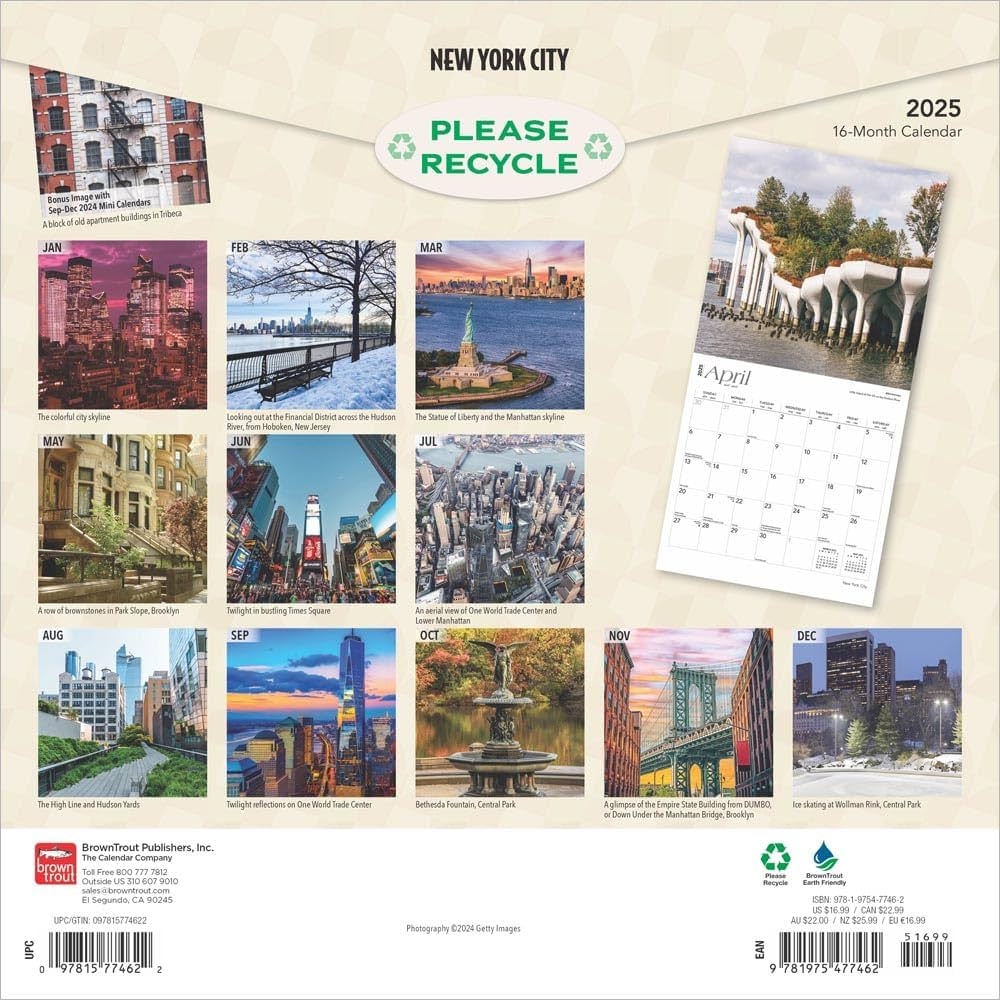 New York City 2025 12 X 24 Inch Monthly Square Wall Calendar 