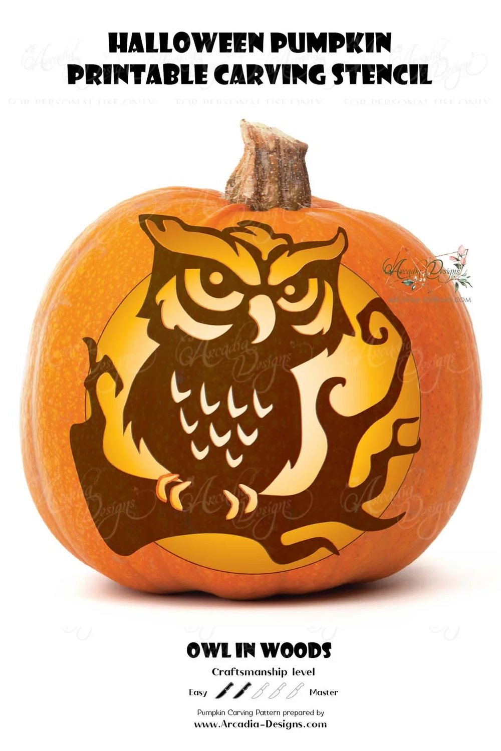 Owl In The Woods Printable Halloween Pumpkin Carving Pattern 