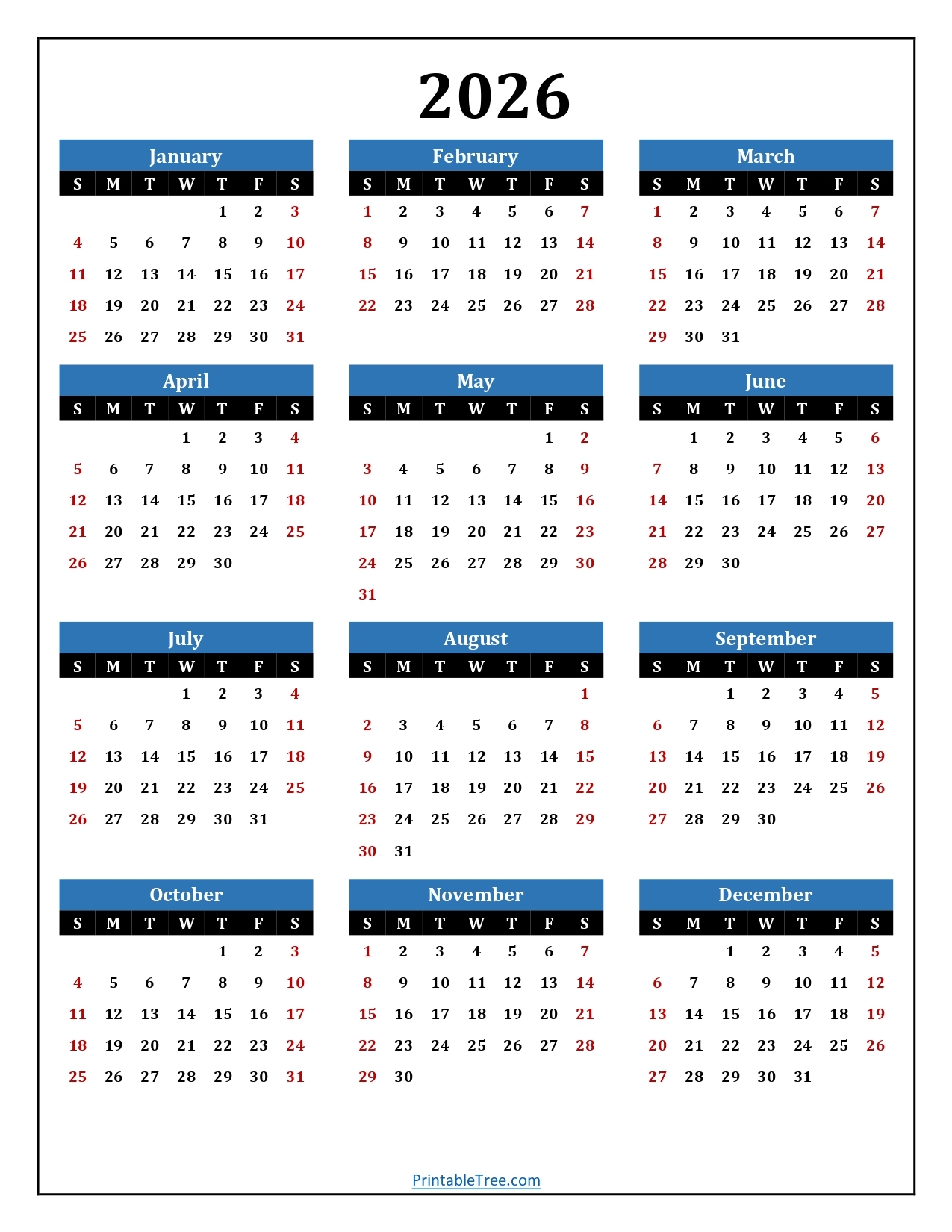 2026 Printable Year Calendar Minimal Design