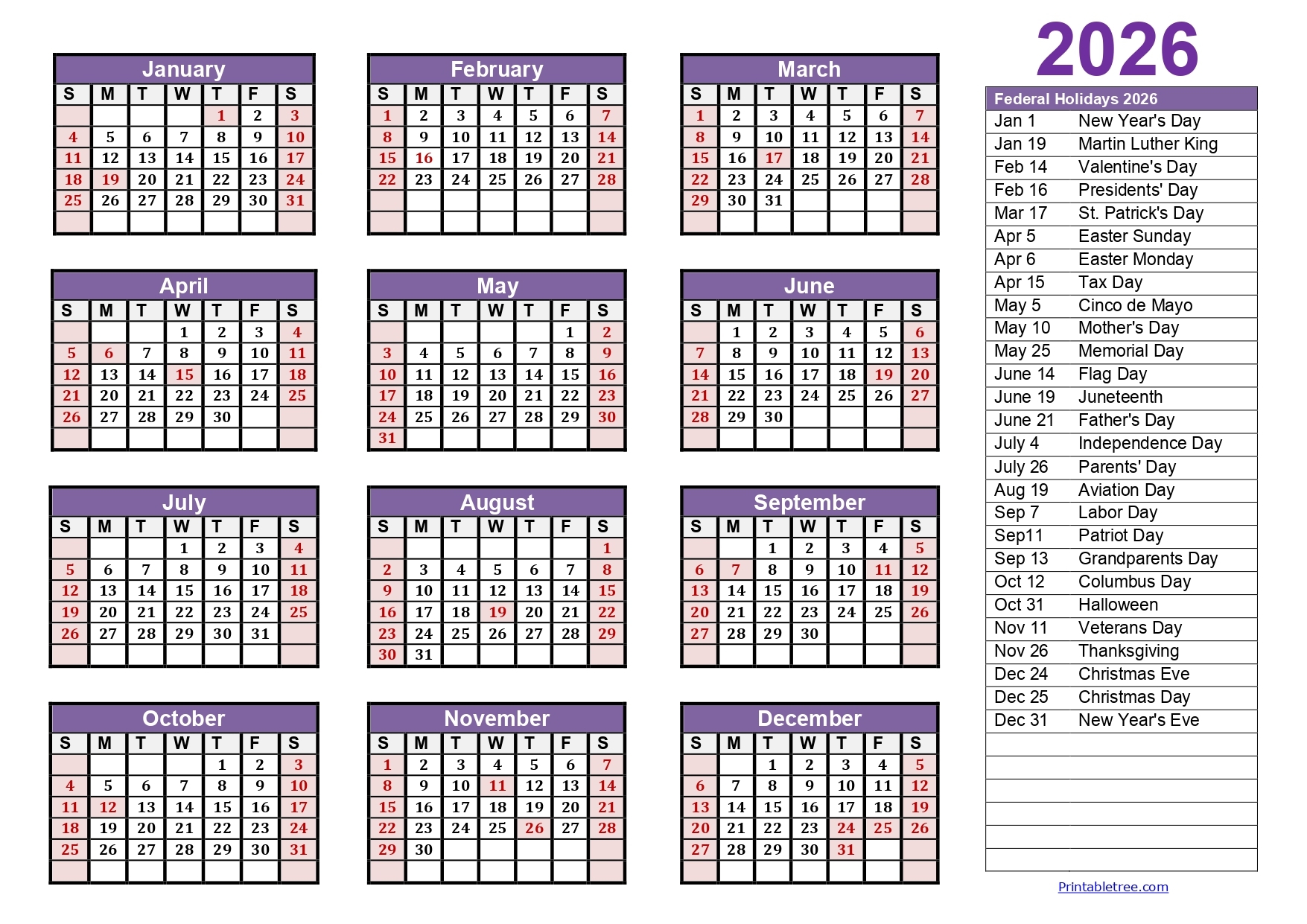Printable Calendars 2026 Free Pdf