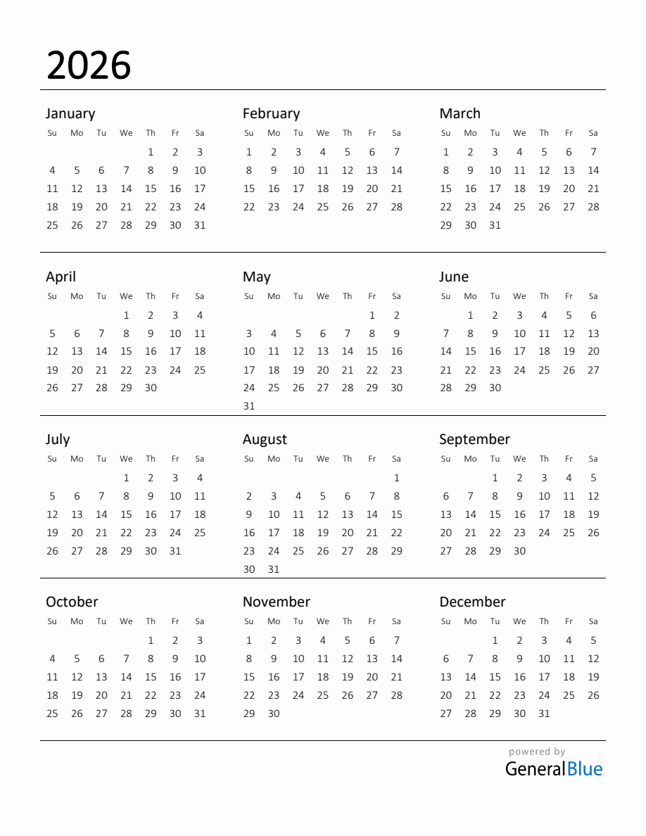 Calendar For 2026 Printable