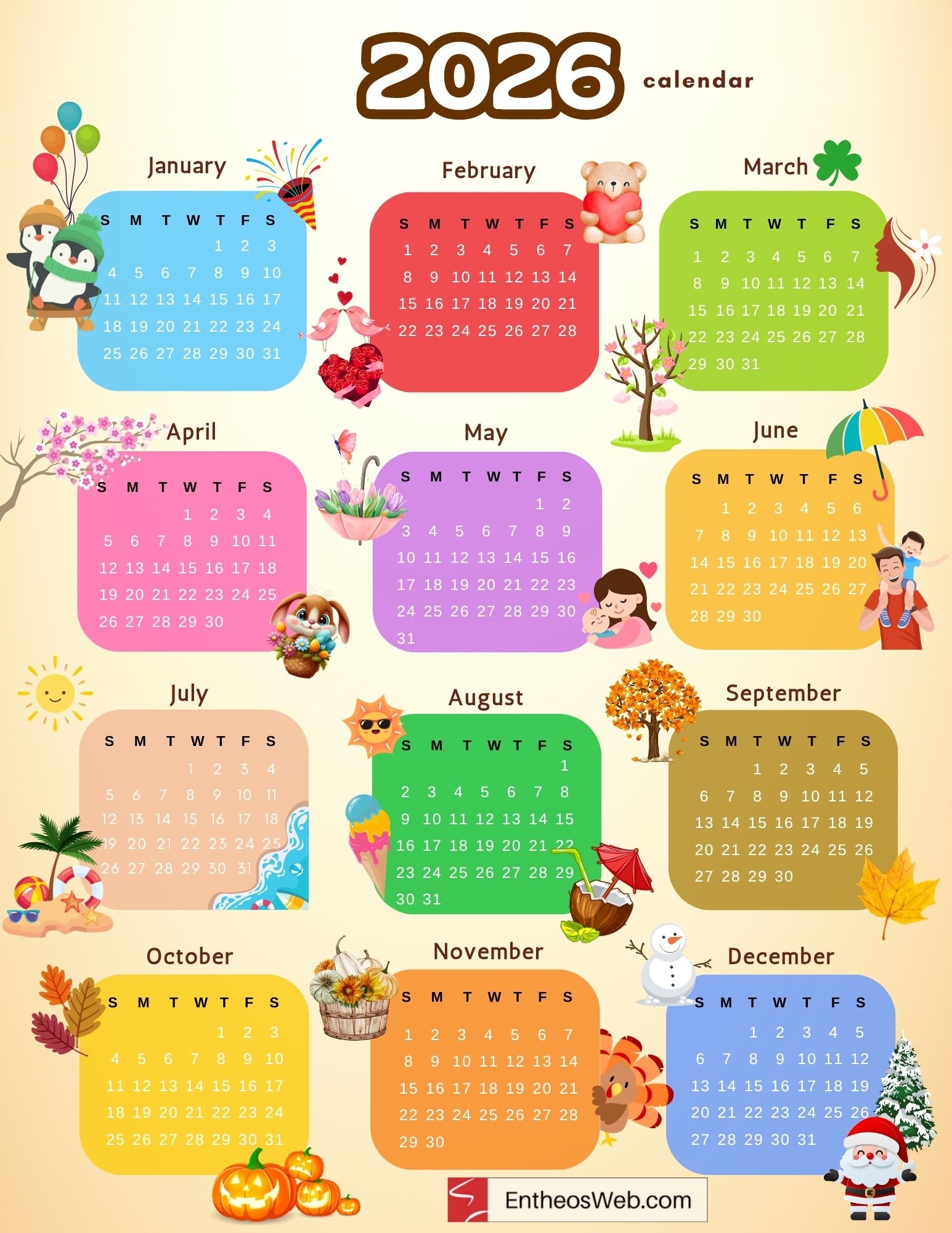2026 Calendar Printable With Designs
