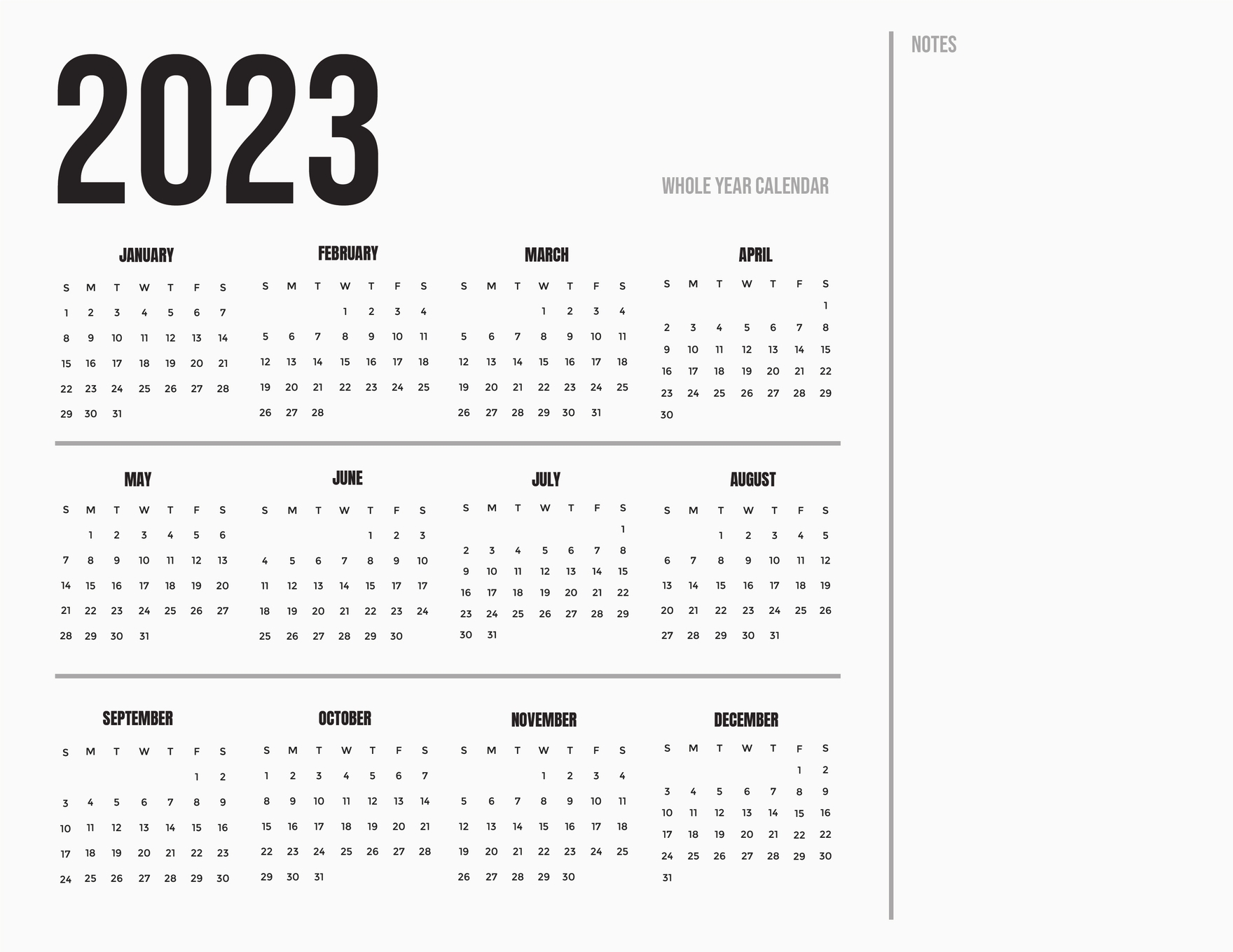 Printable Year 2023 Calendar Template In PSD Illustrator Word 