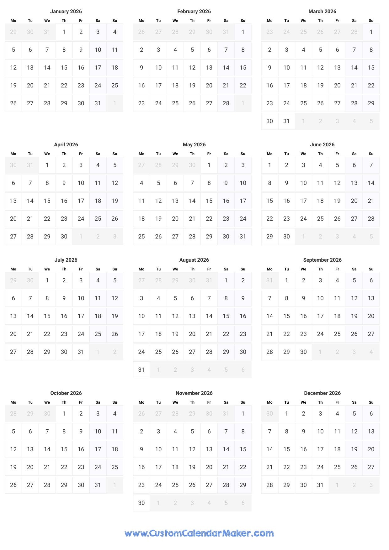 Small Printable Calendar 2026