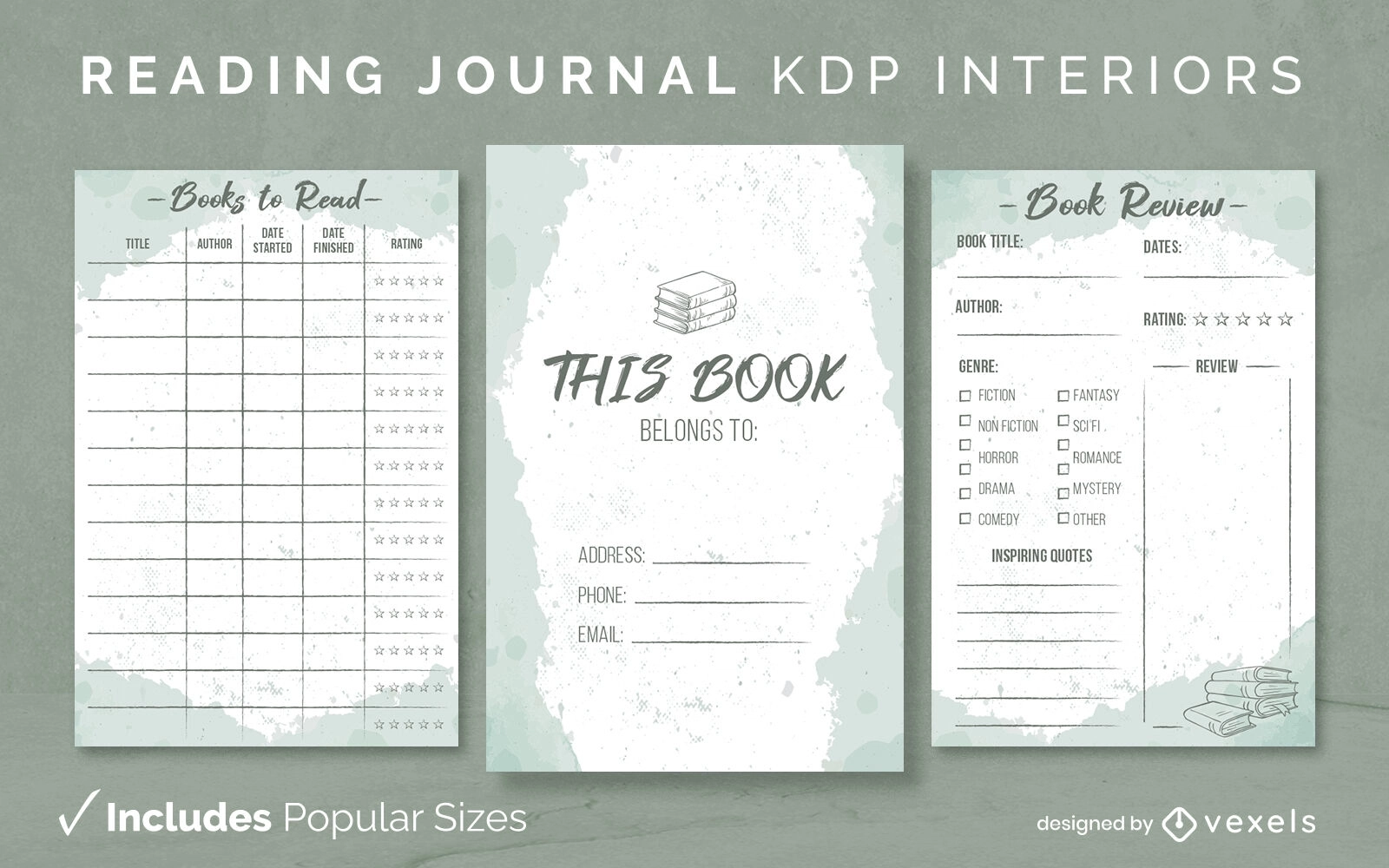 Reading Journal Design Template Watercolor KDP Vector Download