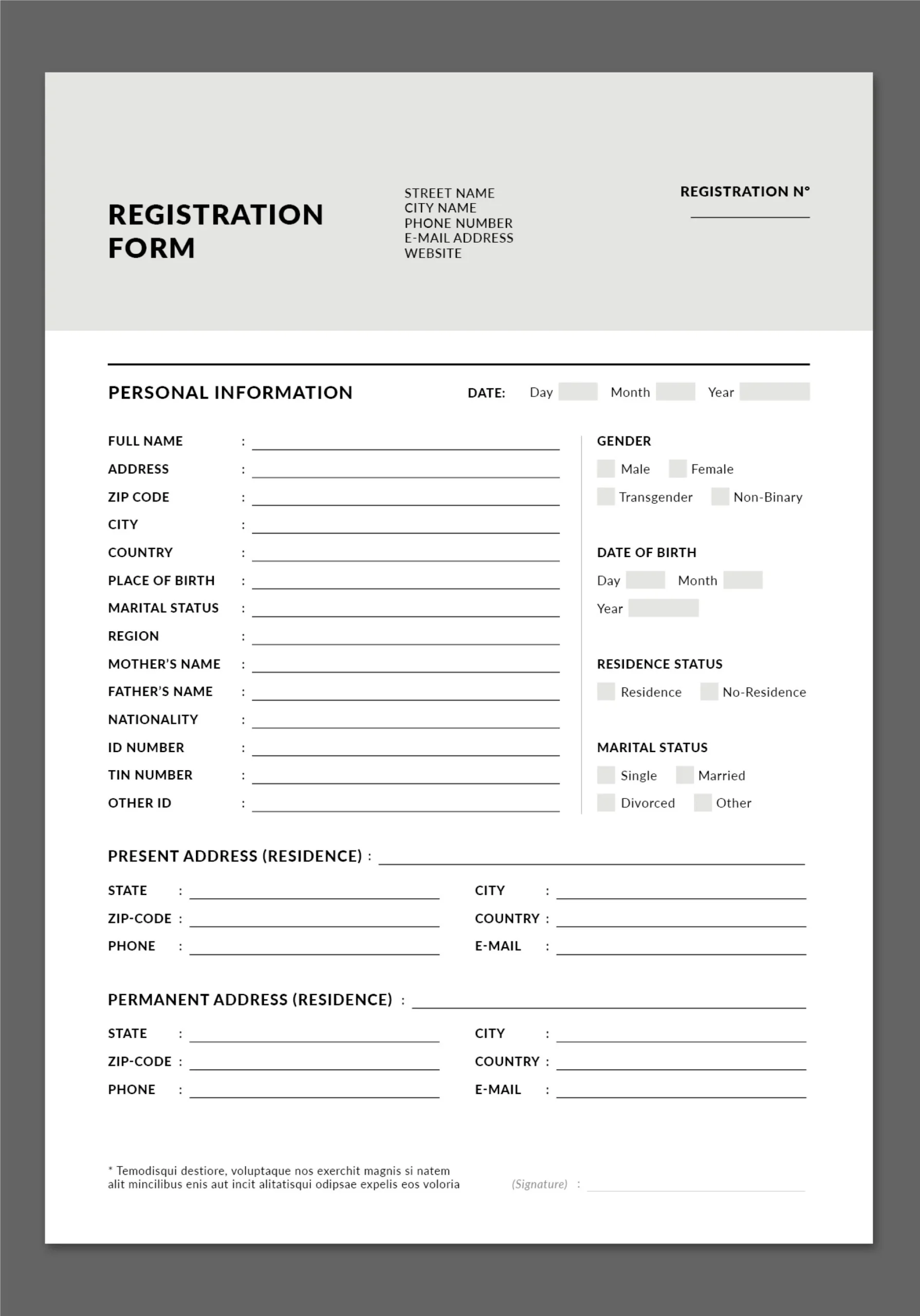 Registration Form Layout Template Document Form Template Application Form Template Personal Data Form Template InDesign A4 US