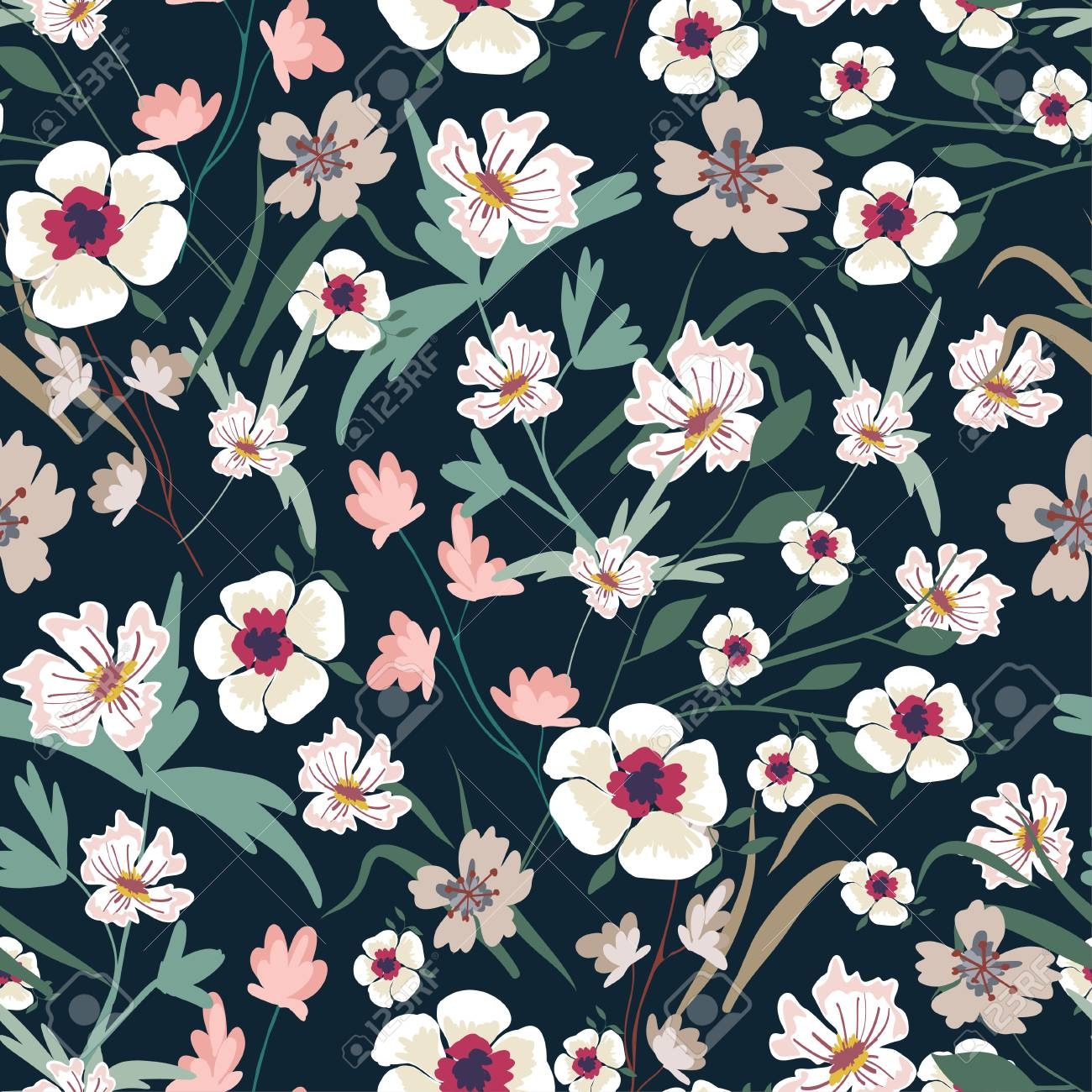 Seamless Pattern With Small Flowers On A Dark Background Modern 