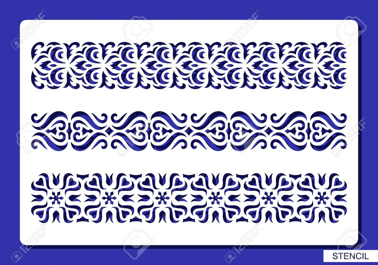 Set Of Decorative Borders Stencil With Lace And Floral Patterns 