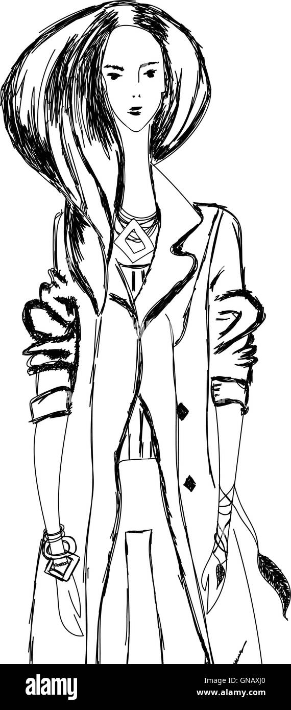 Sketch Of Young Fashion Woman In Boho Style For T shirts Print 