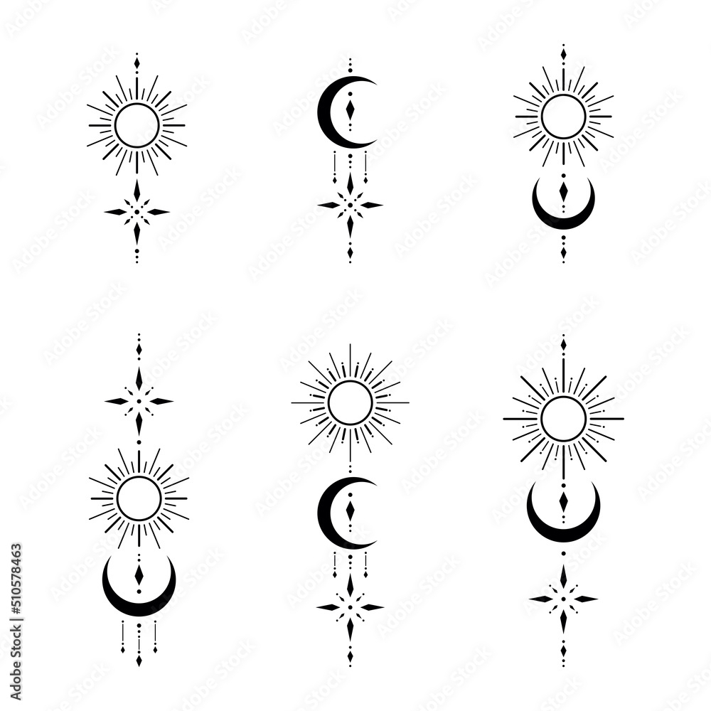 Stock Vektorgrafik Set Of Blackwork Tattoo With Sun Moon Star 