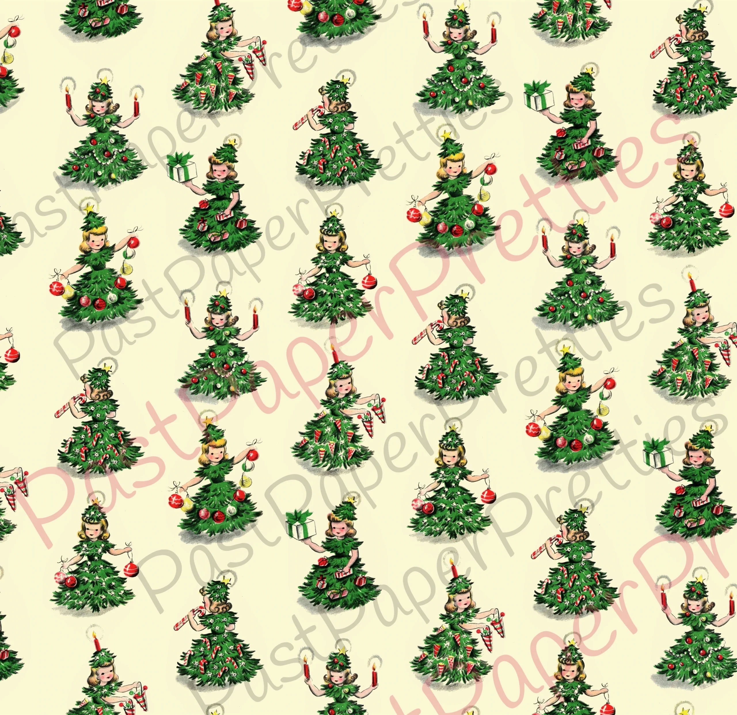Vintage Retro Printable Gift Wrap Christmas Tree Girls Collage 