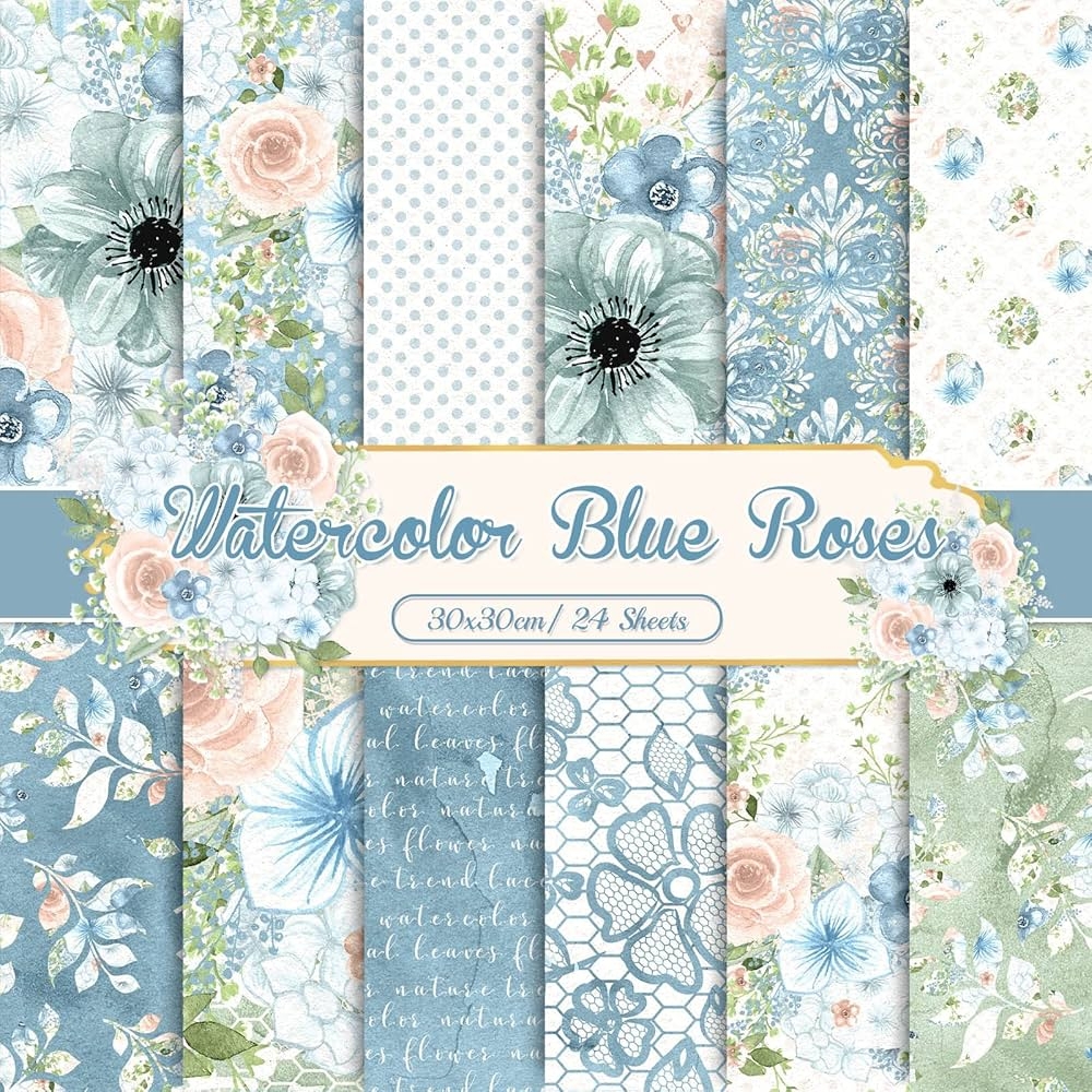 Whaline 24 Pieces Blue Floral Pattern Paper 30 X 30 Cm Watercolor 