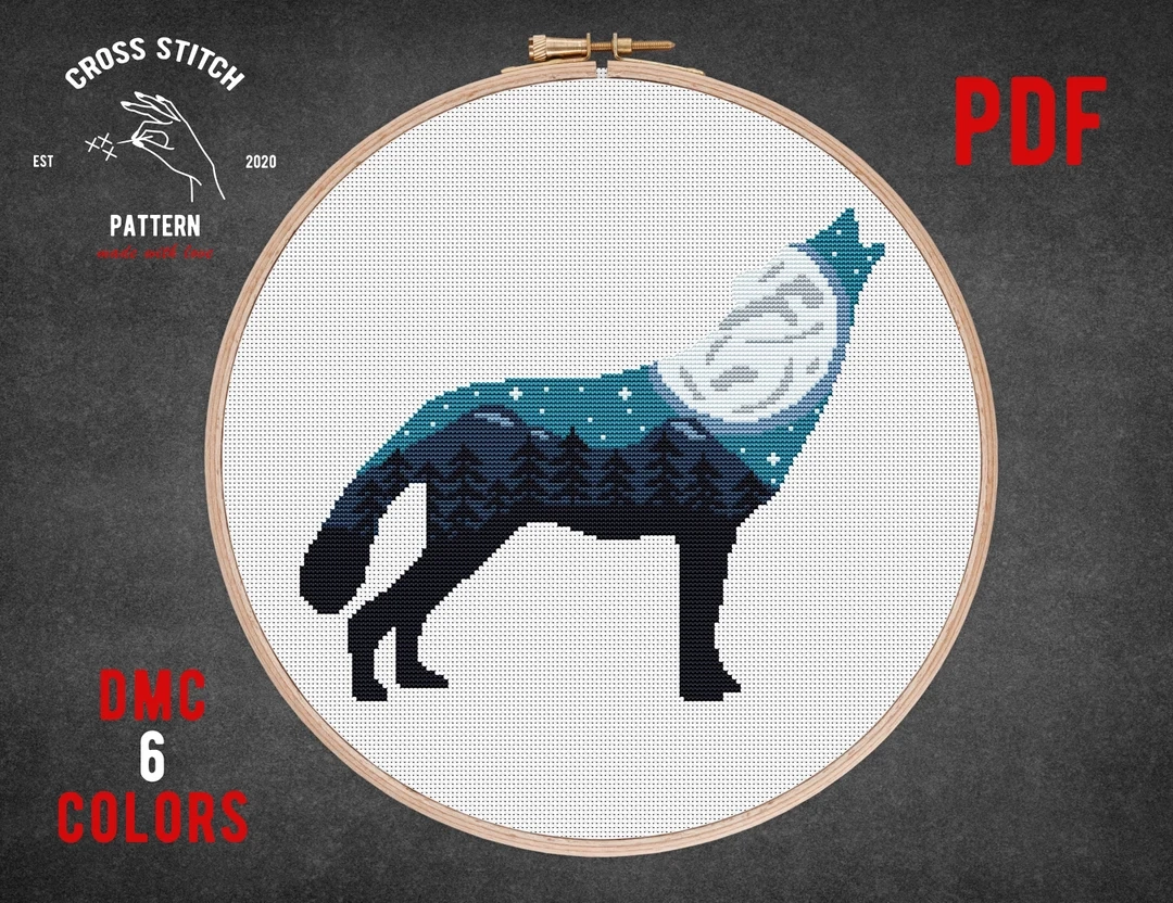 Wolf Cross Stitch Pattern Landscape Embroidery Modern Cross Stitch 