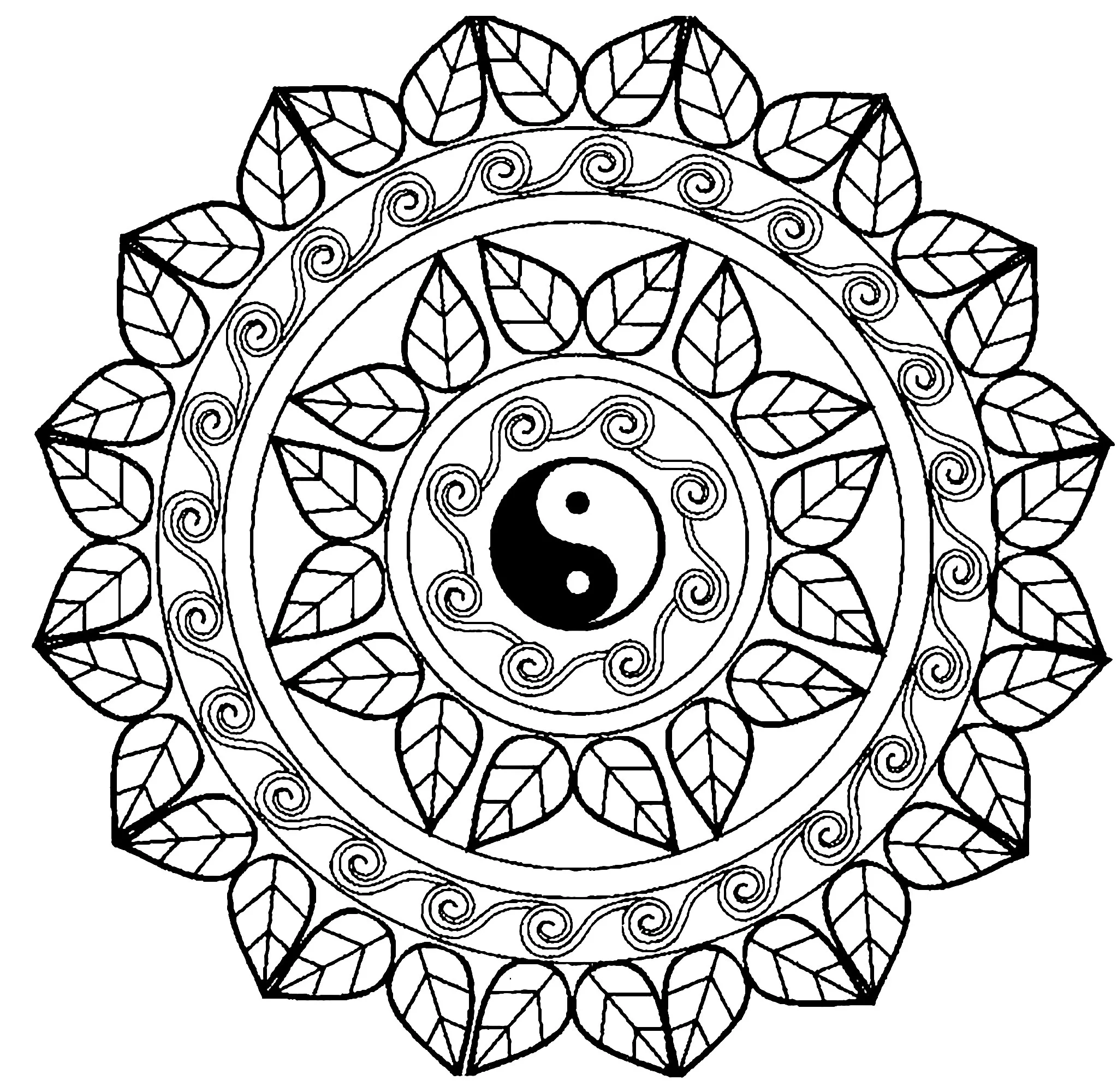 yin amp yang mandala with cool leaves designs difficult mandalas